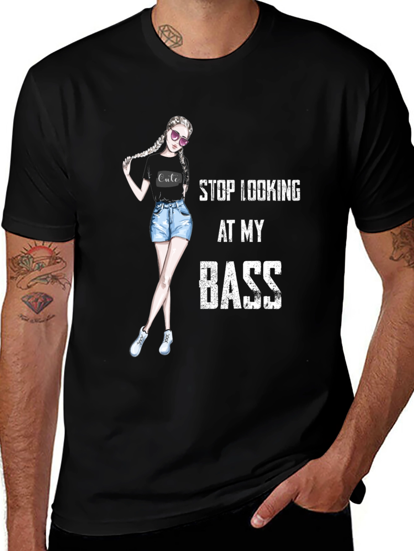 Stop Looking At My Bass - Novelty Graphic T-Shirt