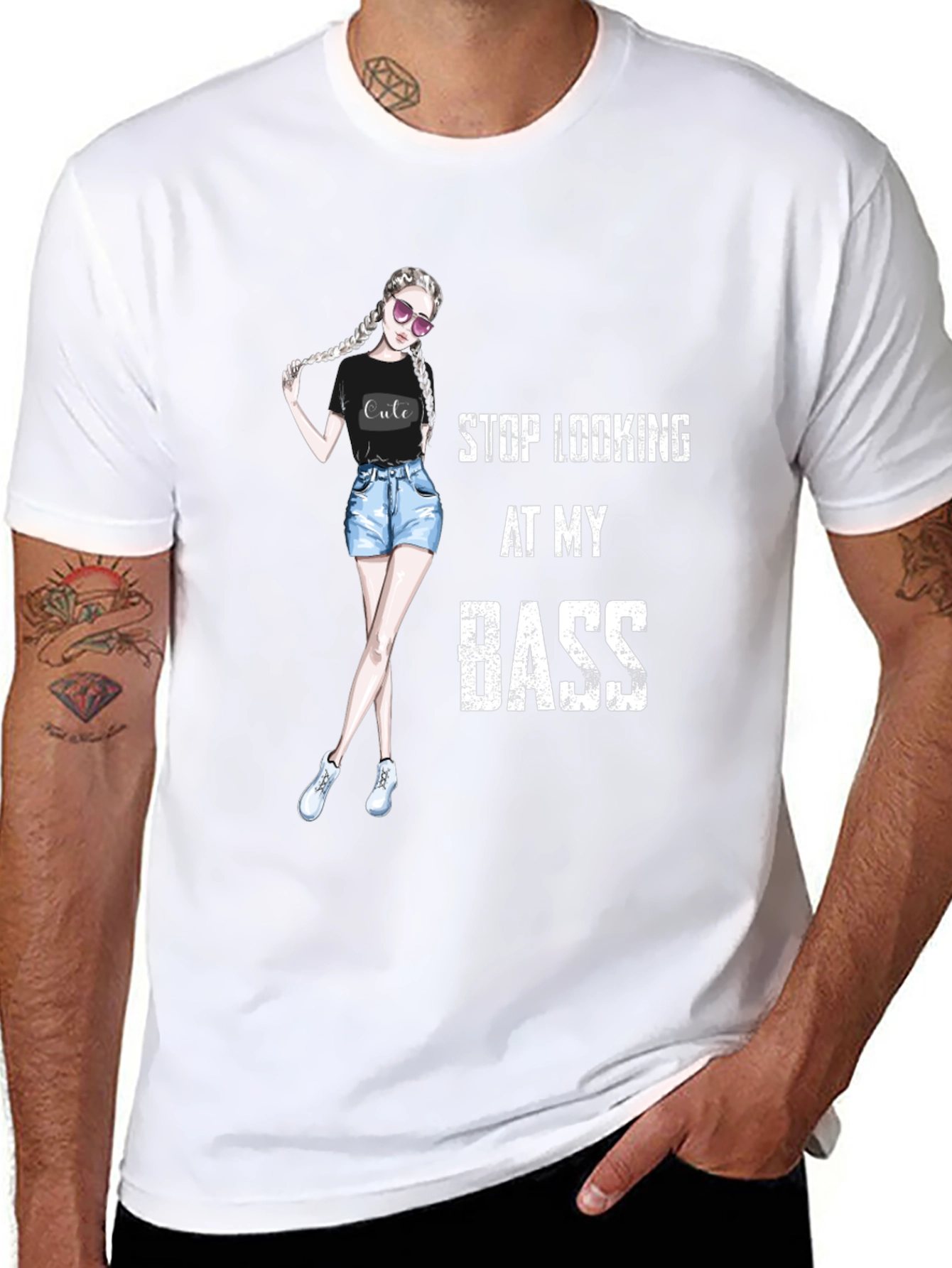 Stop Looking At My Bass - Novelty Graphic T-Shirt
