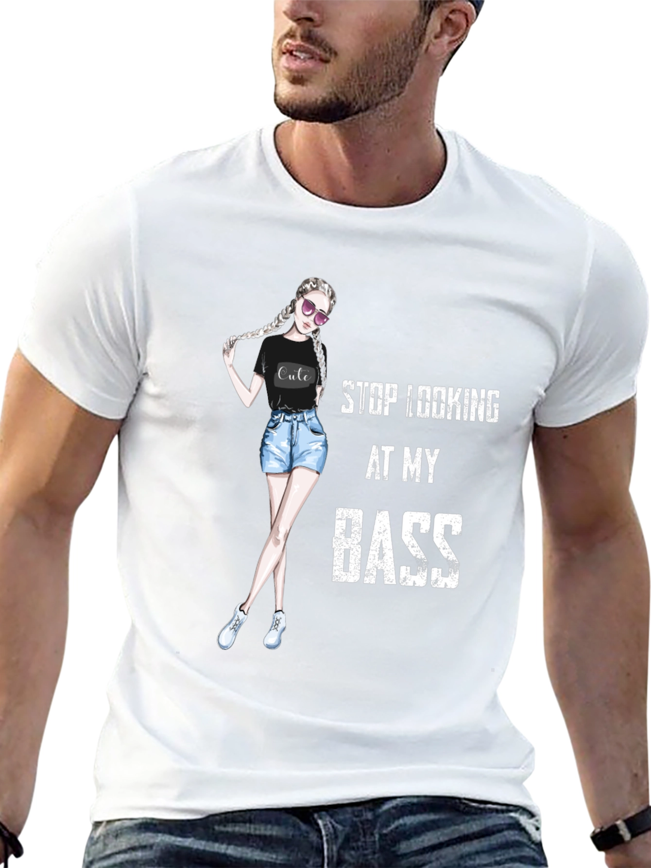 Stop Looking At My Bass - Novelty Graphic T-Shirt