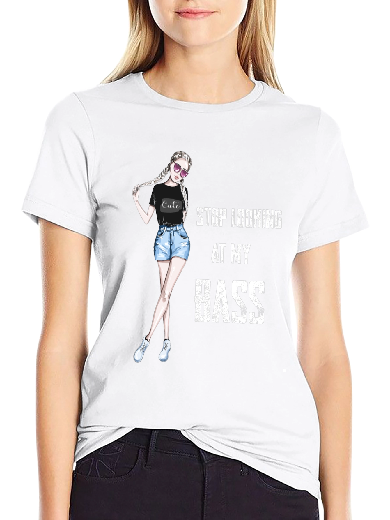 Stop Looking At My Bass - Novelty Graphic T-Shirt