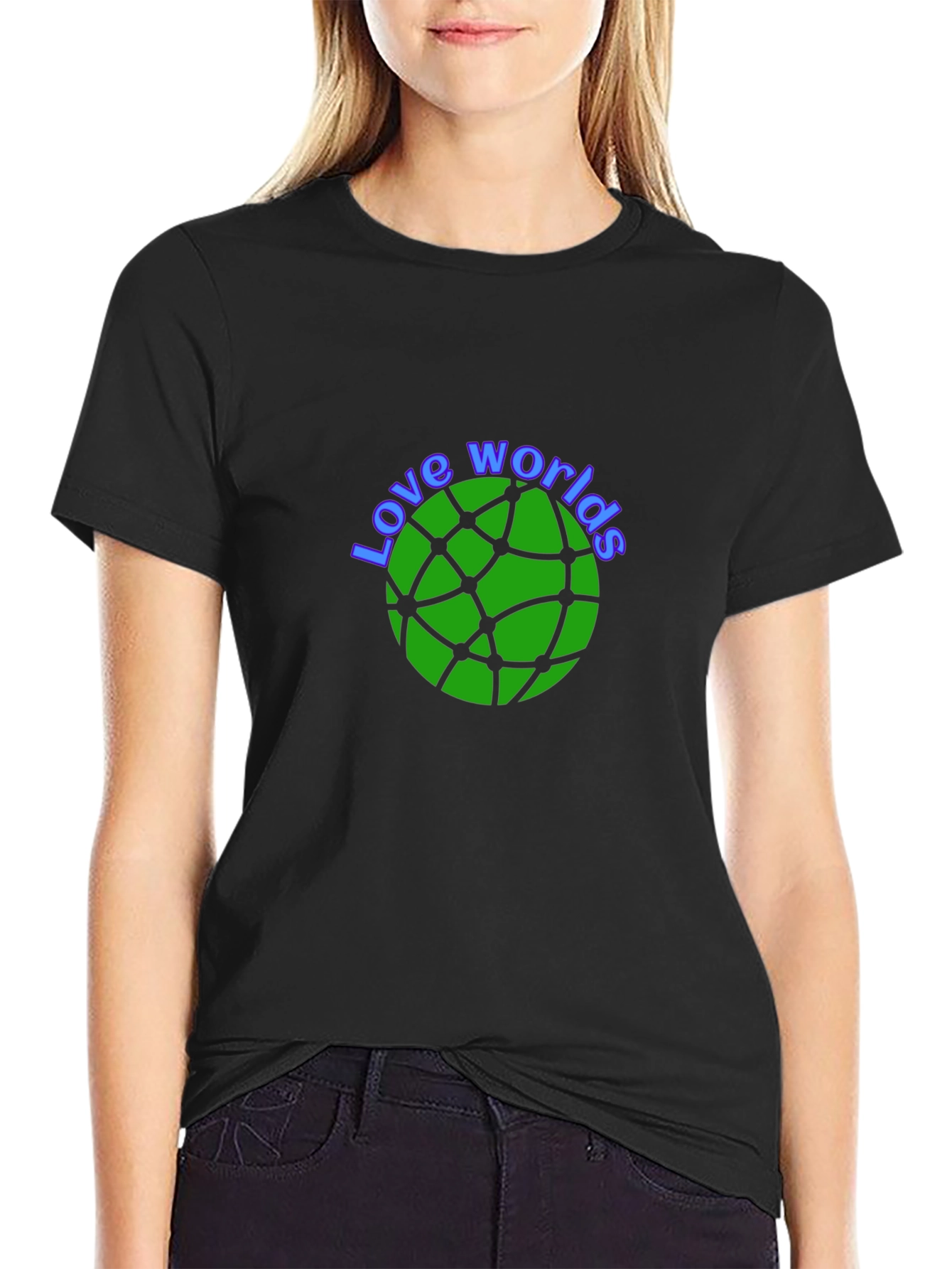 Love Worlds T-Shirt Round Green Design on Black