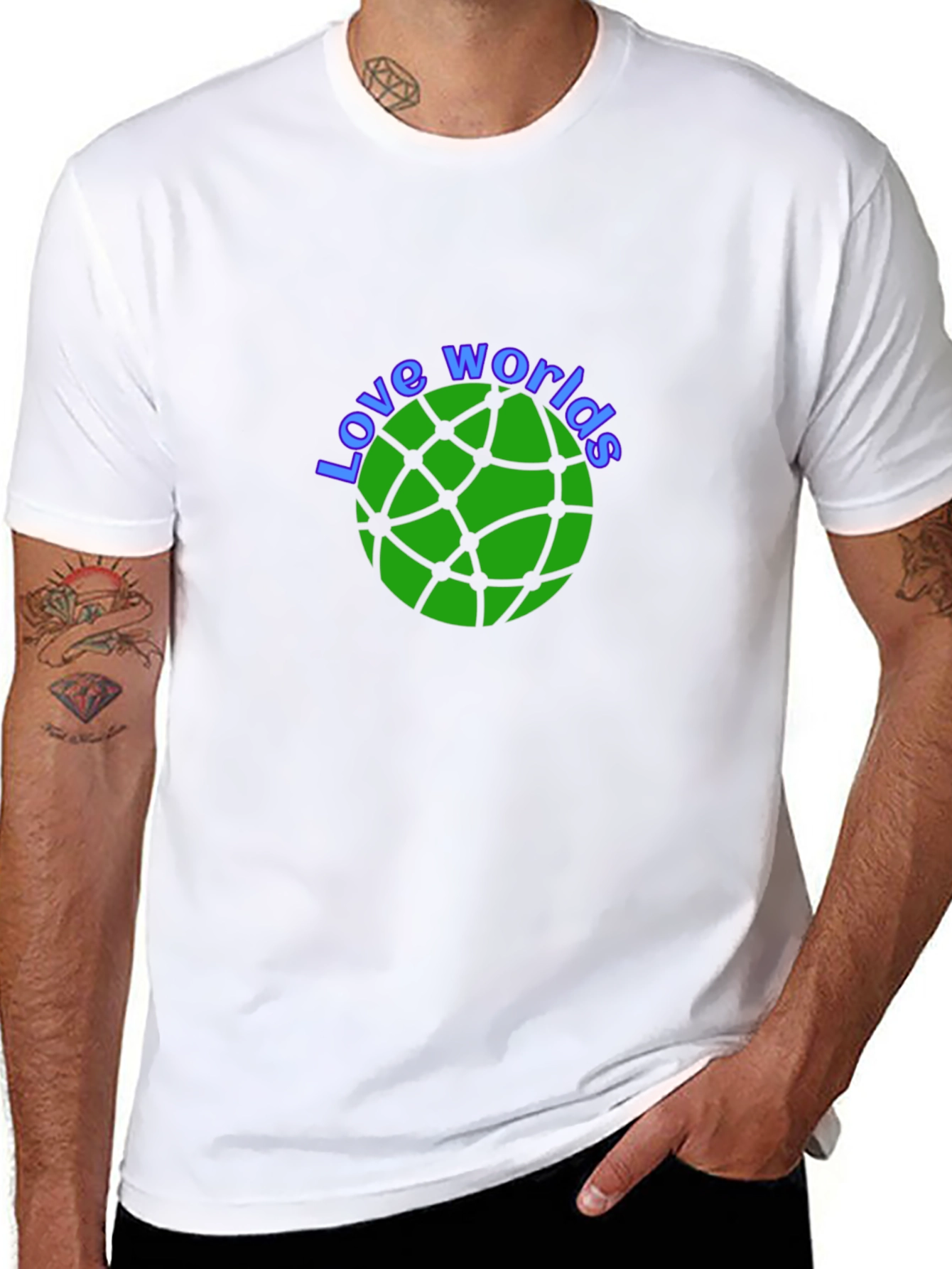Love Worlds T-Shirt Round Green Design on Black
