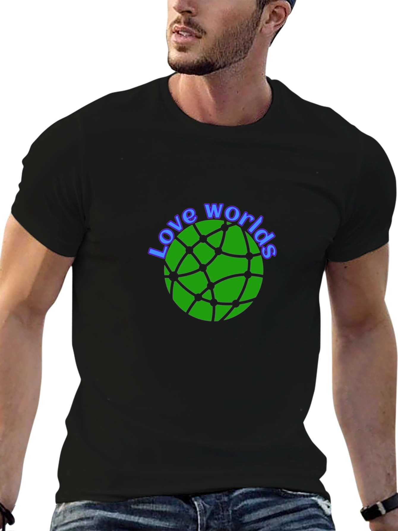 Love Worlds T-Shirt Round Green Design on Black