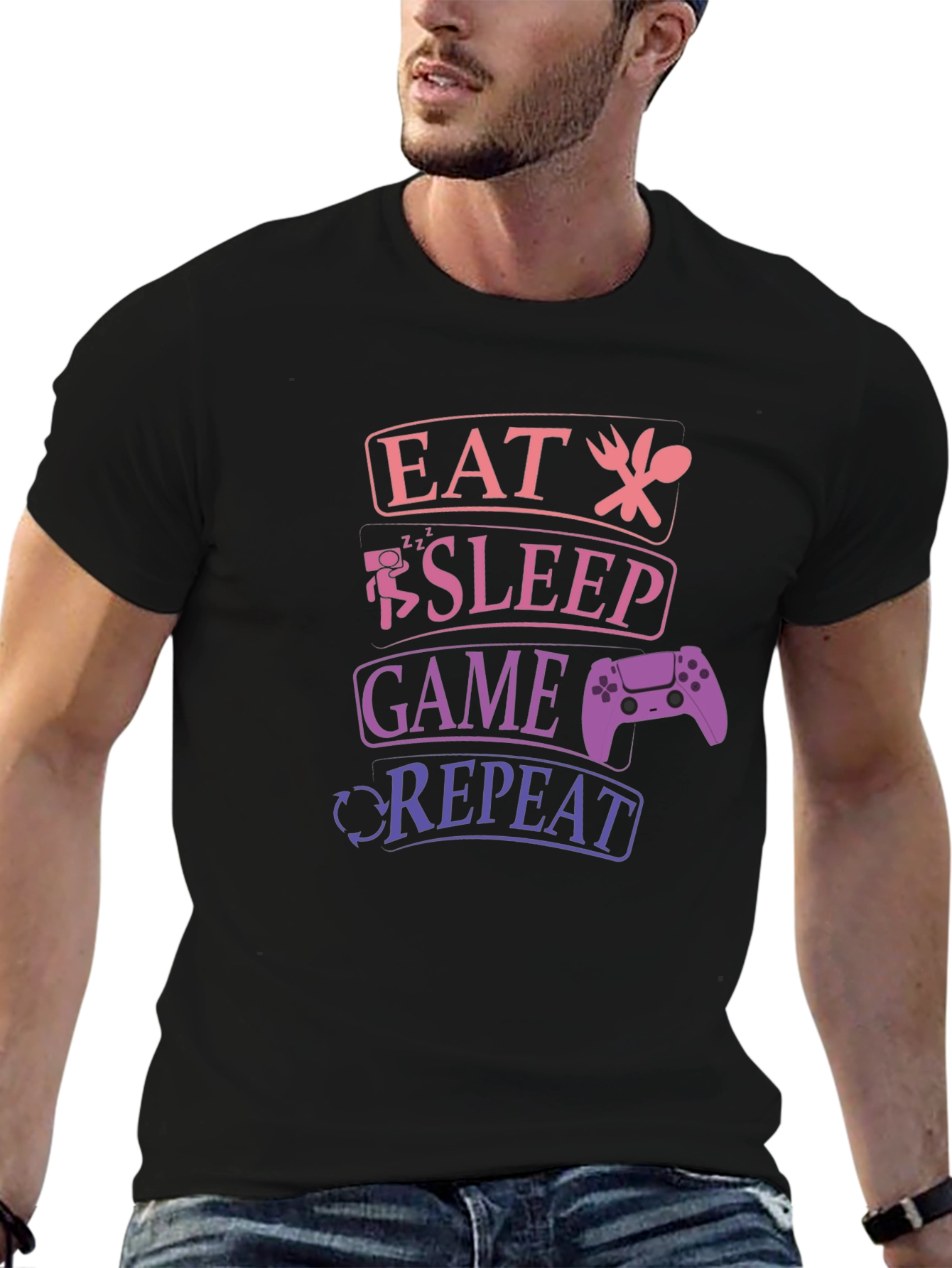 Eat Sleep Game Repeat Gamer T-Shirt - Black