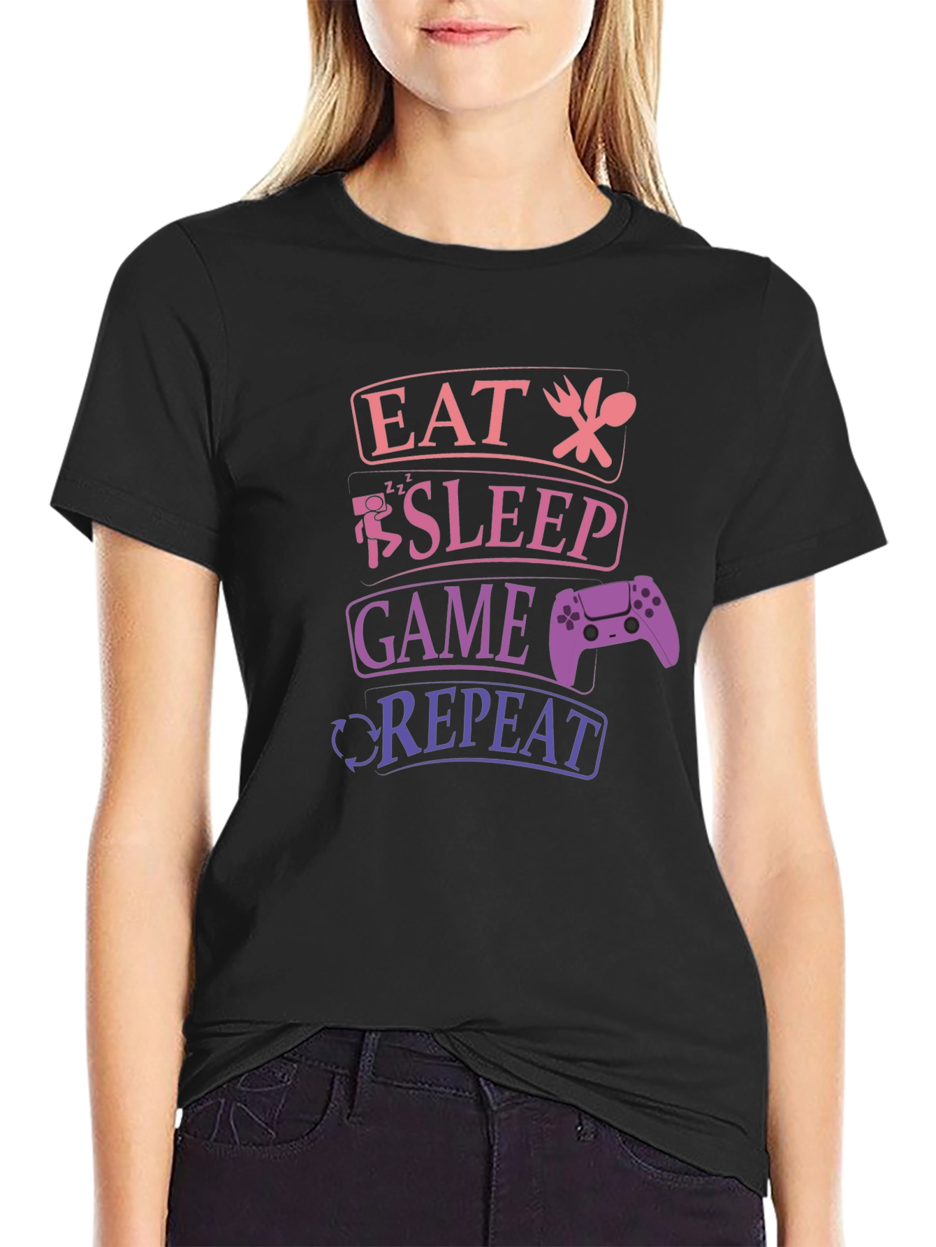 Eat Sleep Game Repeat Gamer T-Shirt - Black