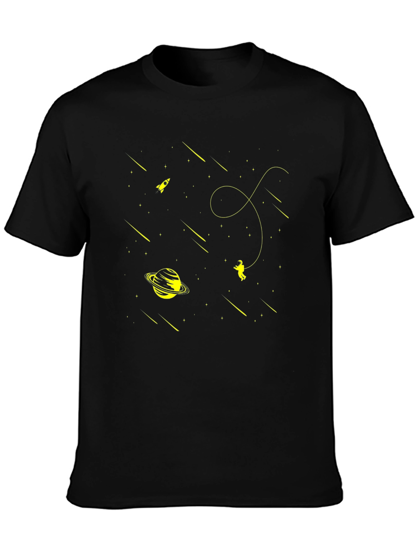Space Explorer Black T-Shirt: Rocket Planet Astronaut Design