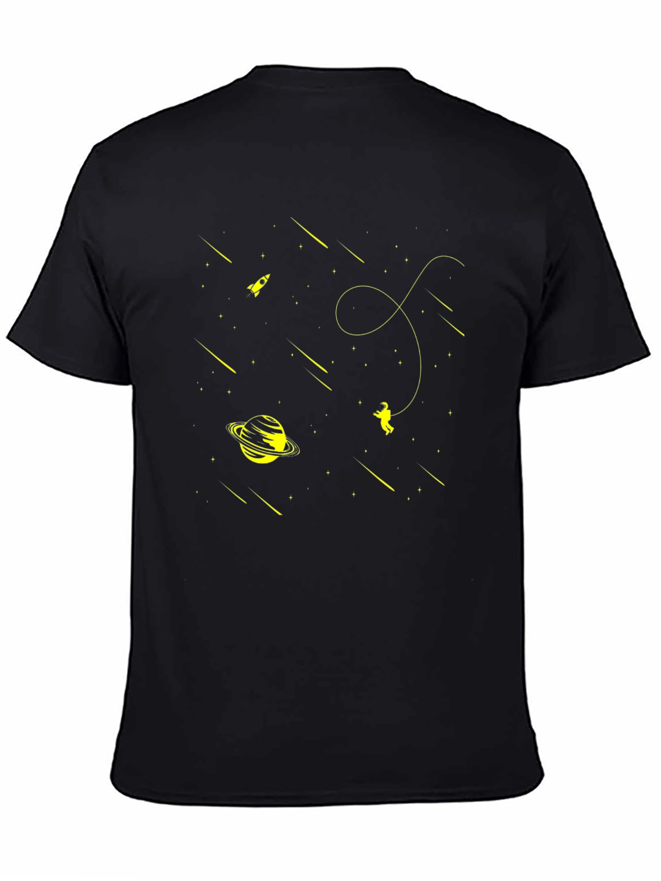 Space Explorer Black T-Shirt: Rocket Planet Astronaut Design