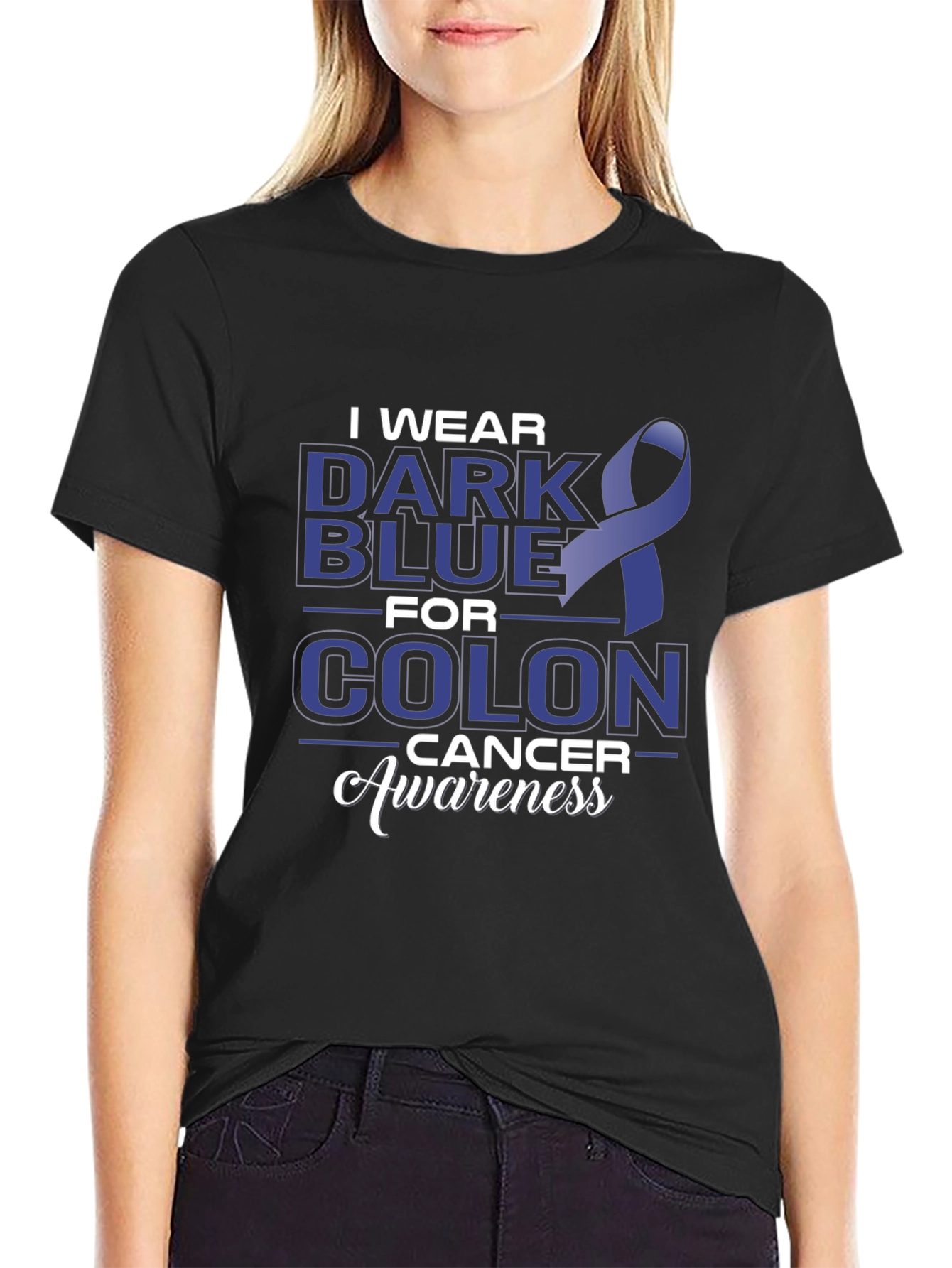 Colon Cancer Awareness Dark Blue Ribbon T-Shirt
