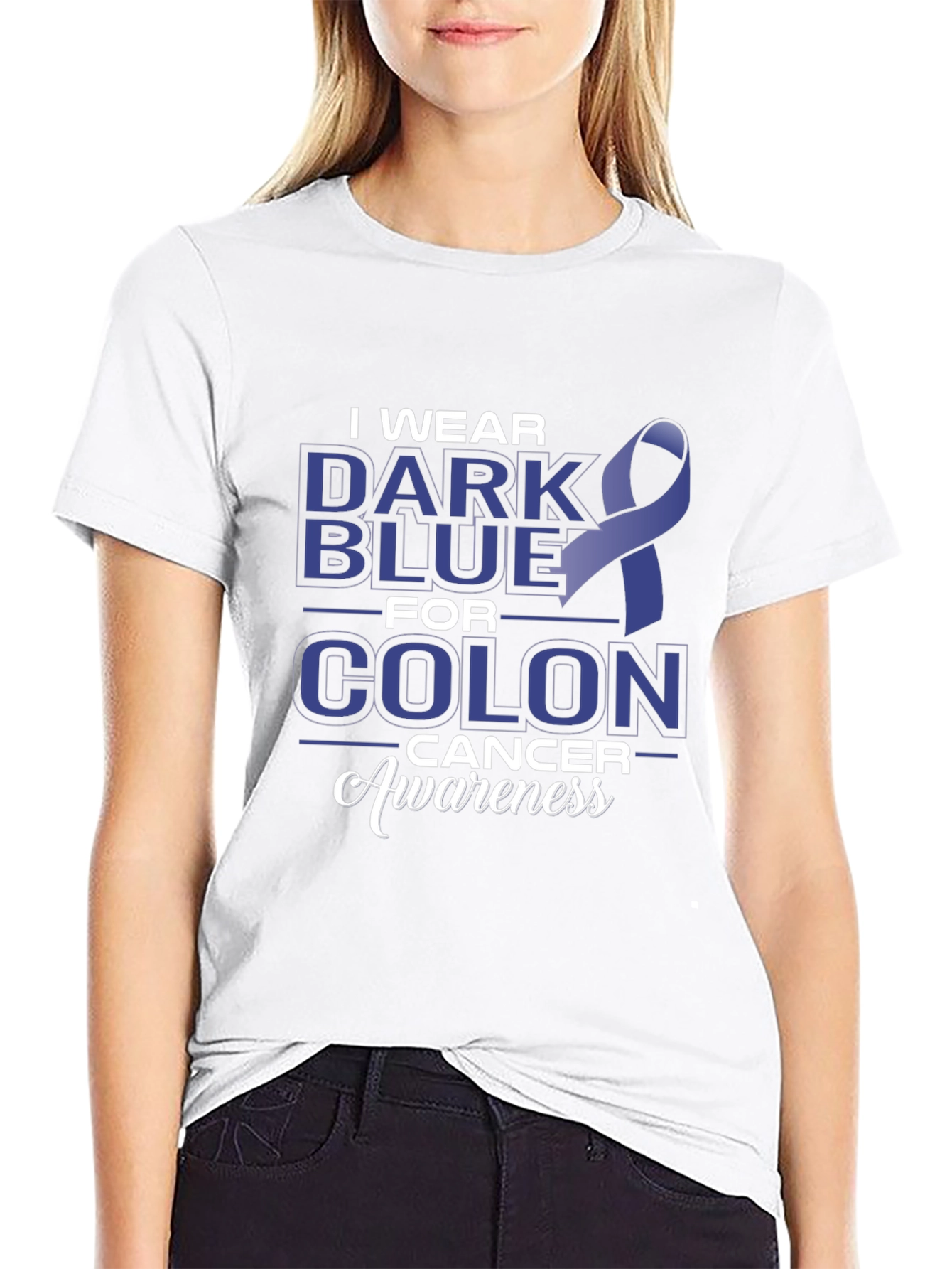 Colon Cancer Awareness Dark Blue Ribbon T-Shirt