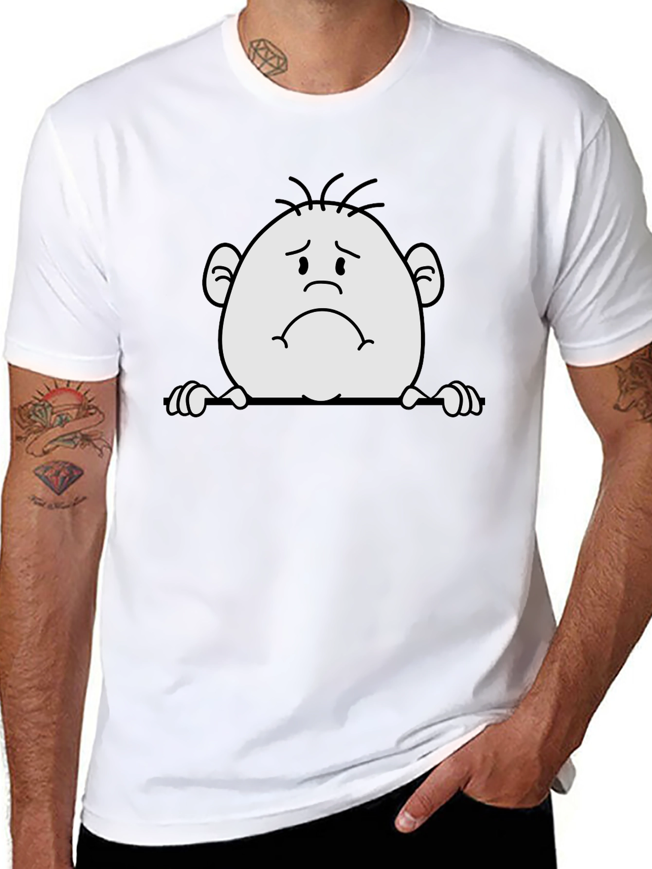 Sad Cartoon Character Black T-Shirt