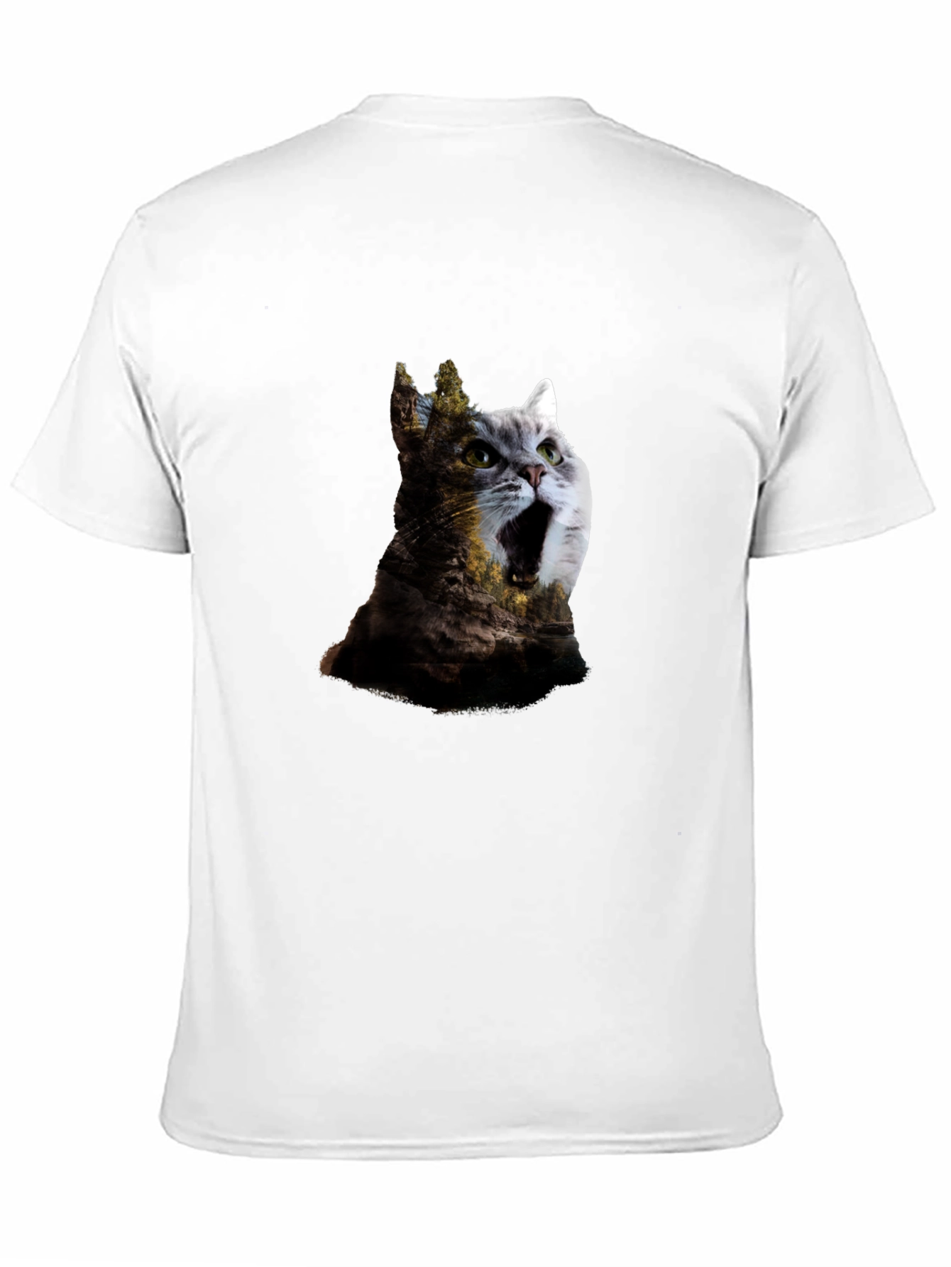 Surreal Cat & Landscape Print Black T-Shirt