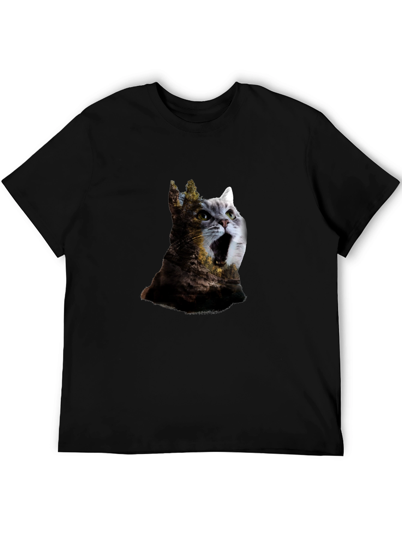 Surreal Cat & Landscape Print Black T-Shirt