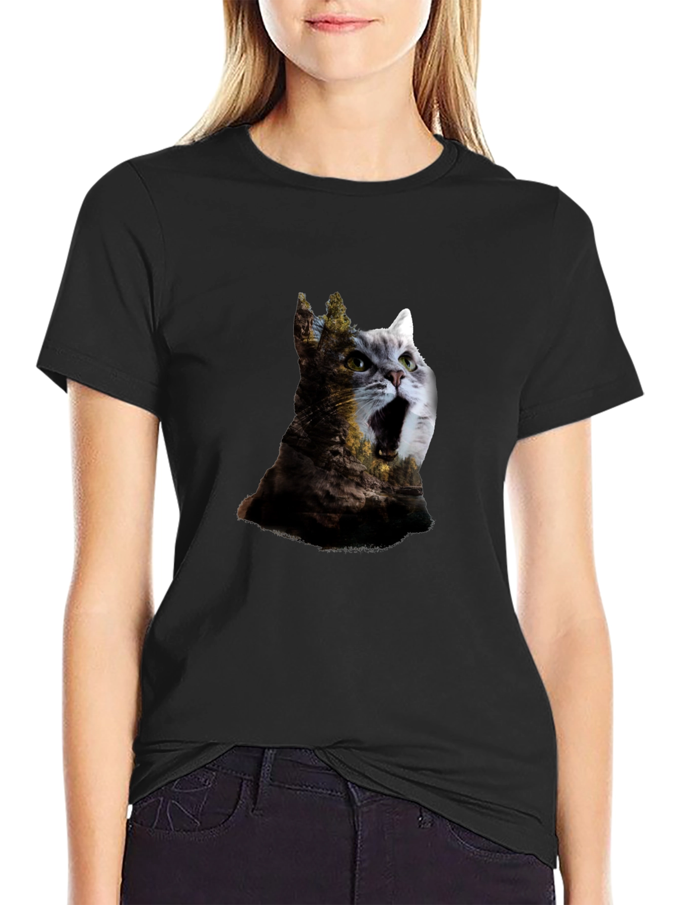 Surreal Cat & Landscape Print Black T-Shirt