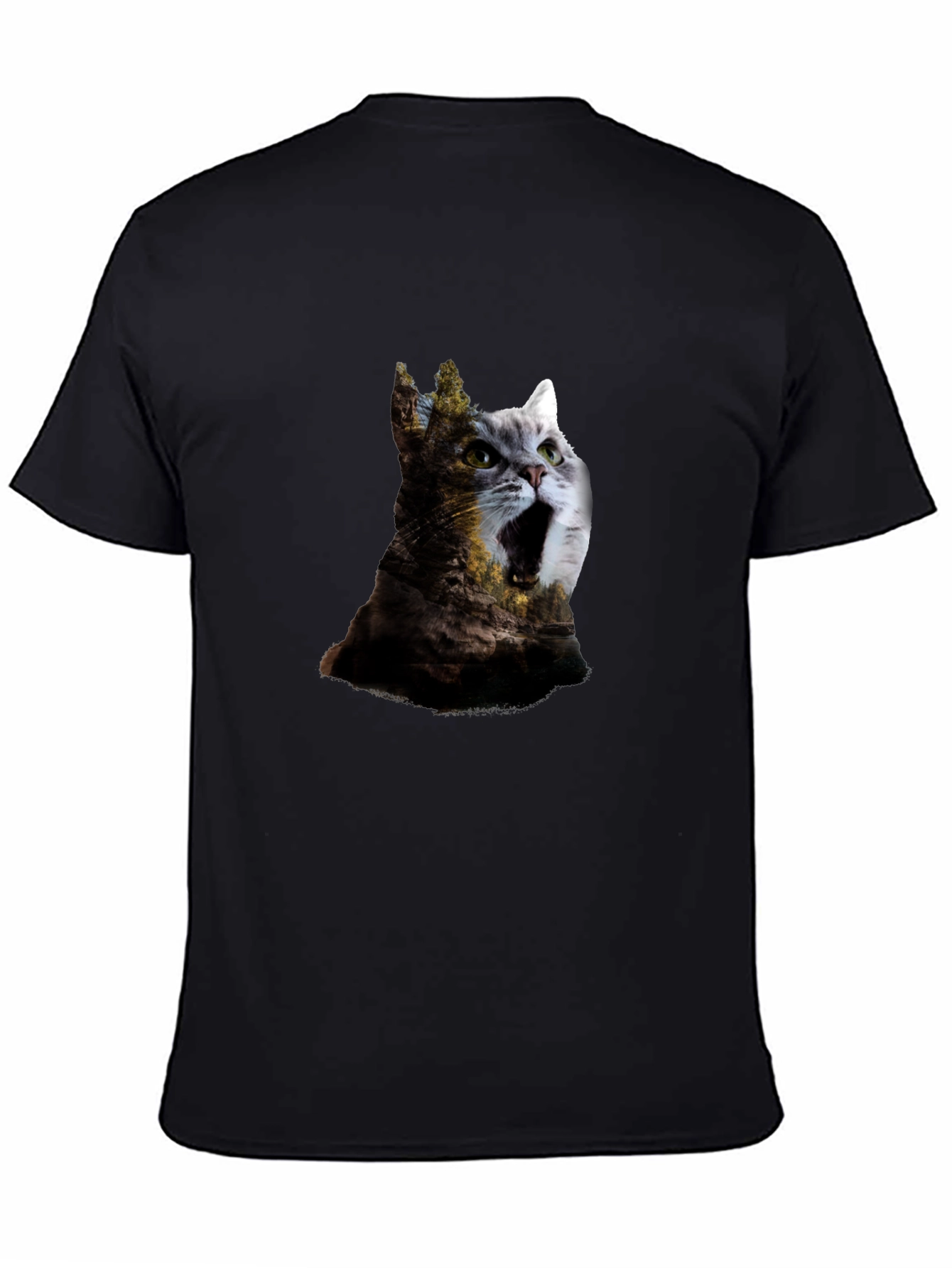 Surreal Cat & Landscape Print Black T-Shirt