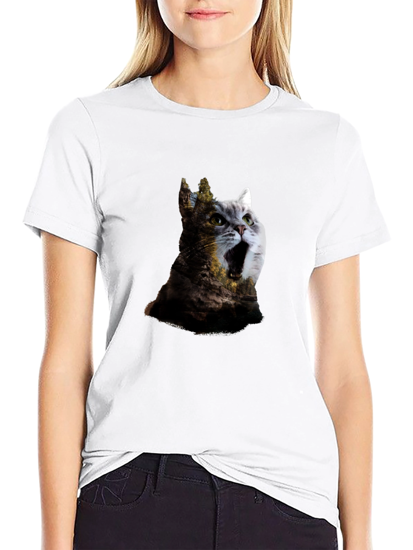 Surreal Cat & Landscape Print Black T-Shirt