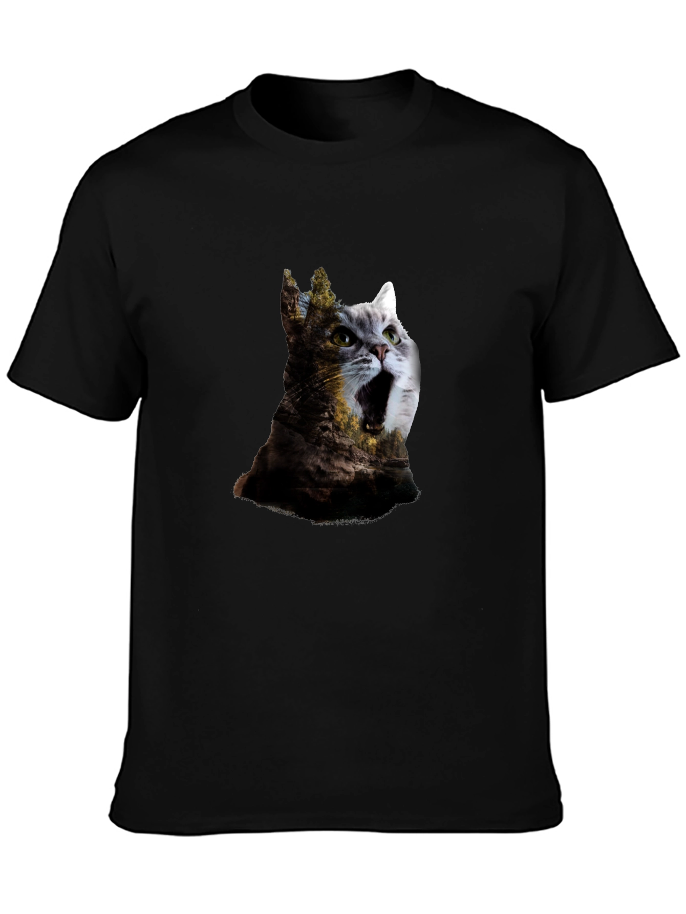 Surreal Cat & Landscape Print Black T-Shirt
