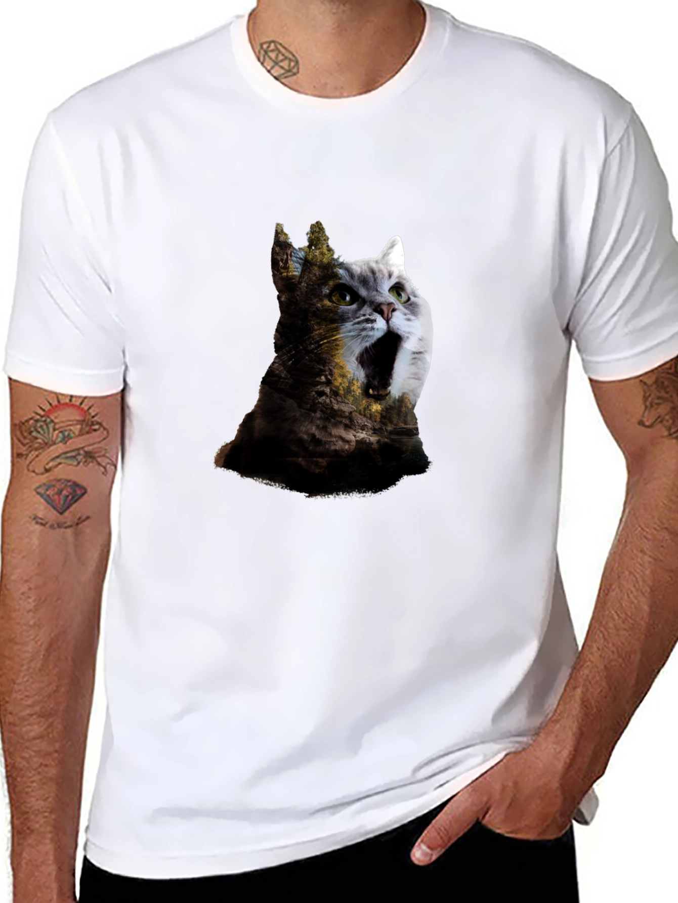 Surreal Cat & Landscape Print Black T-Shirt
