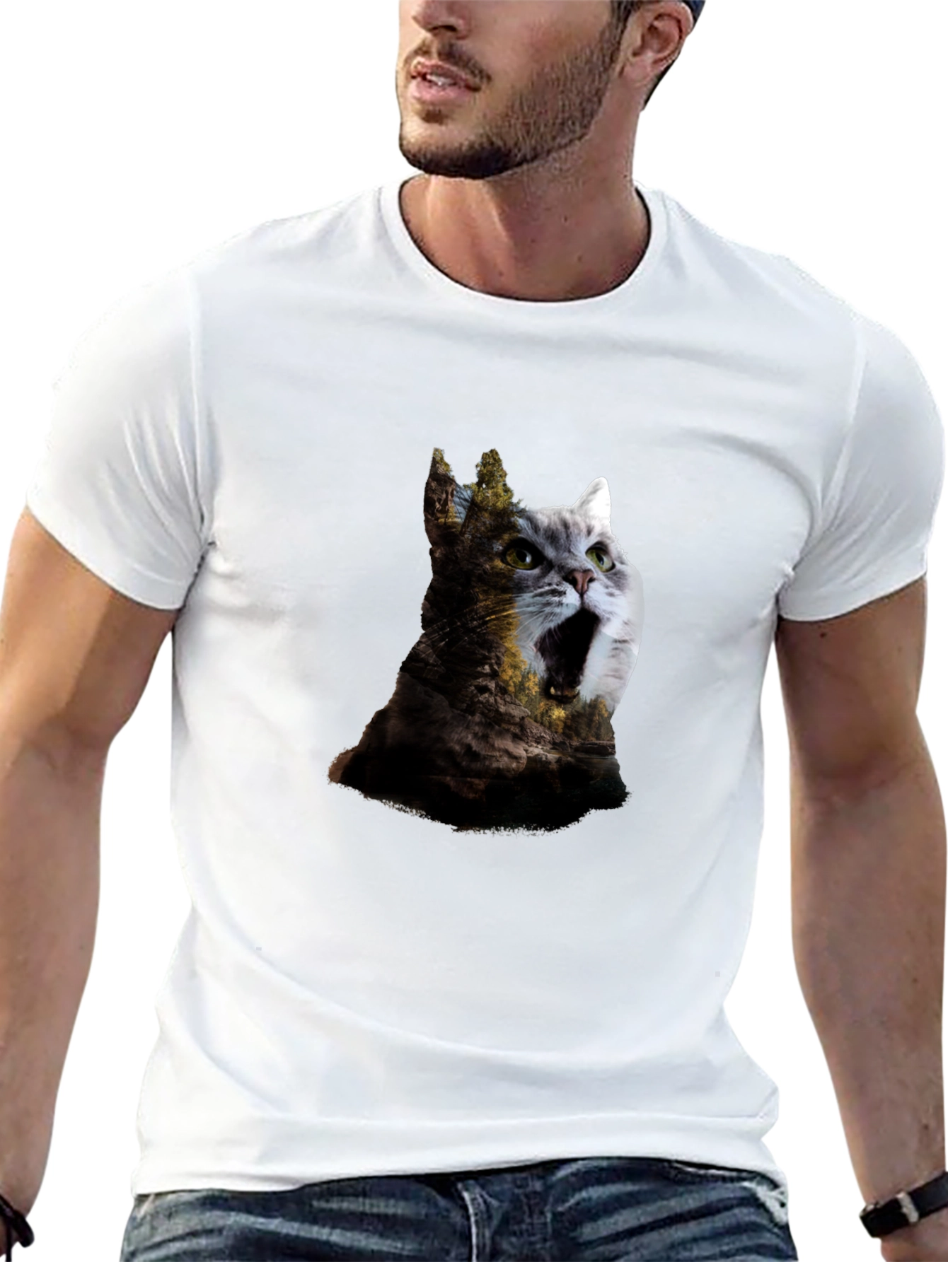 Surreal Cat & Landscape Print Black T-Shirt
