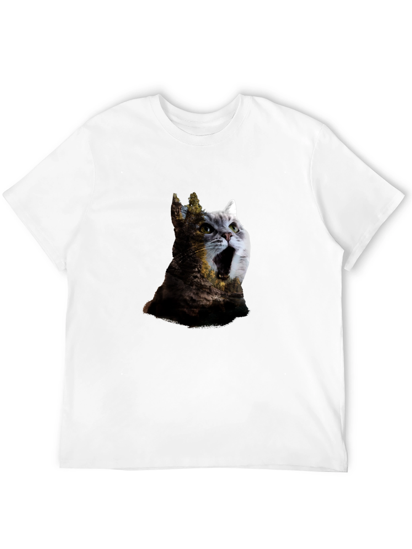 Surreal Cat & Landscape Print Black T-Shirt