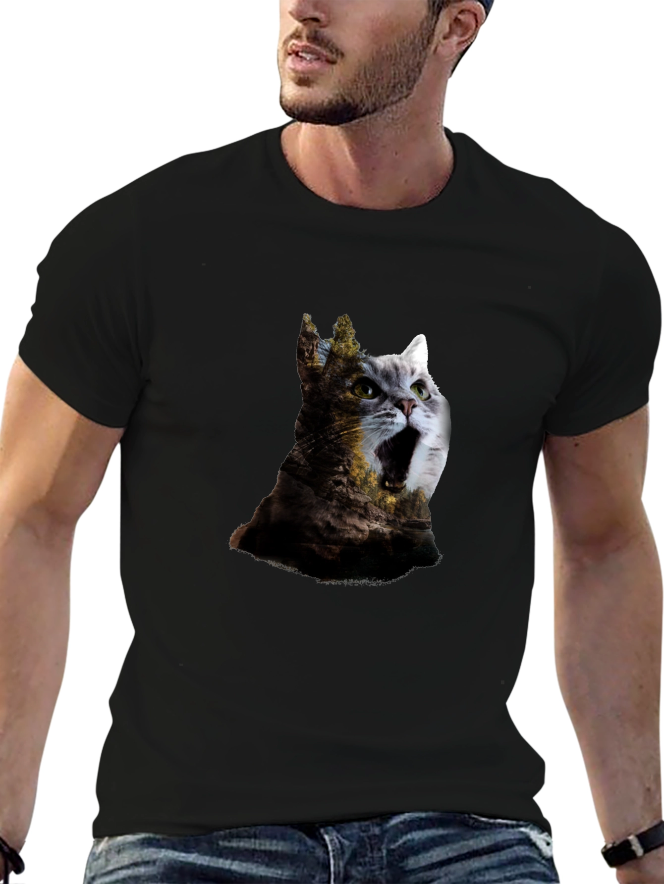 Surreal Cat & Landscape Print Black T-Shirt