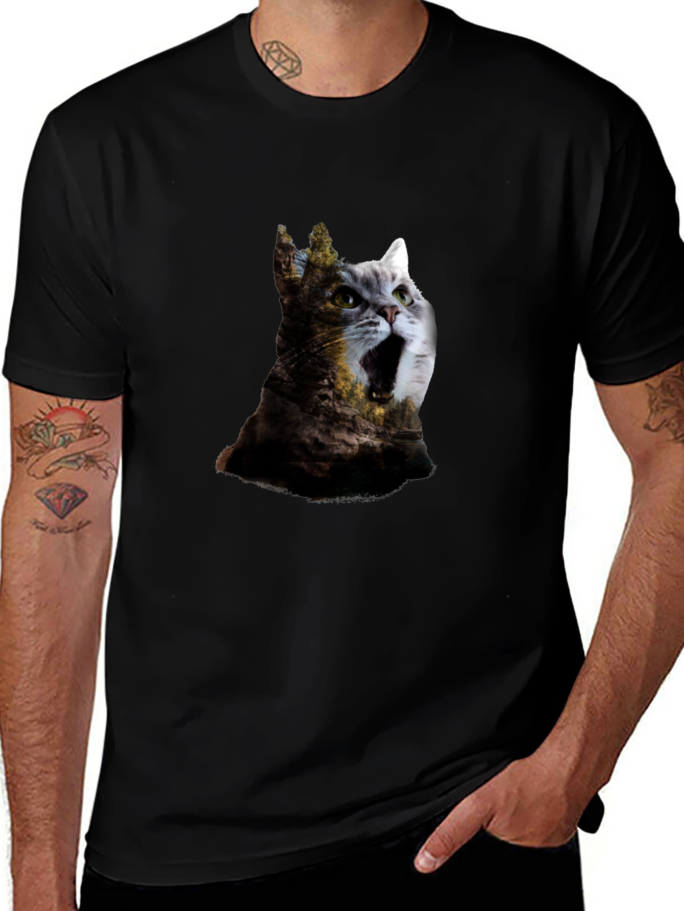 Surreal Cat & Landscape Print Black T-Shirt