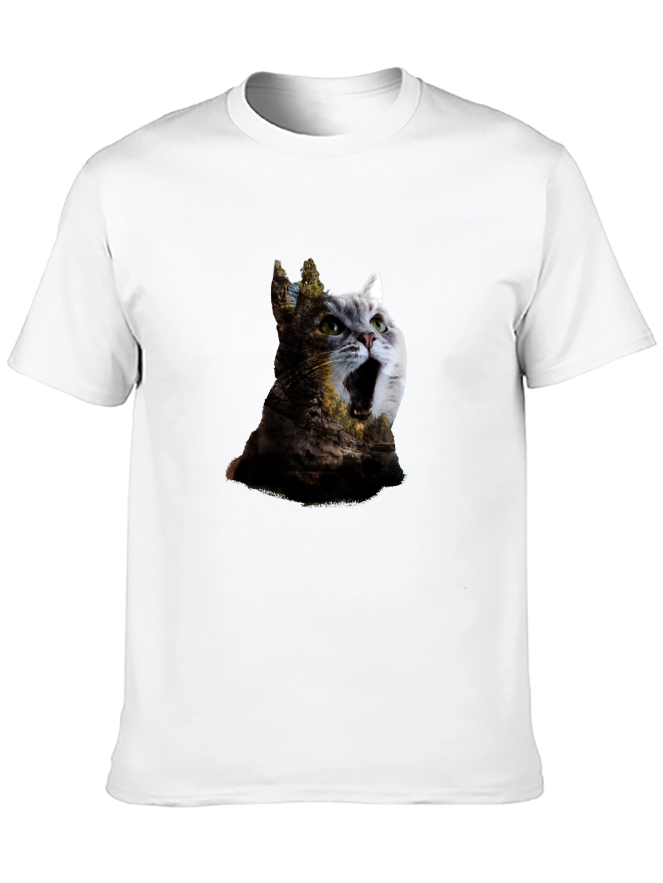 Surreal Cat & Landscape Print Black T-Shirt