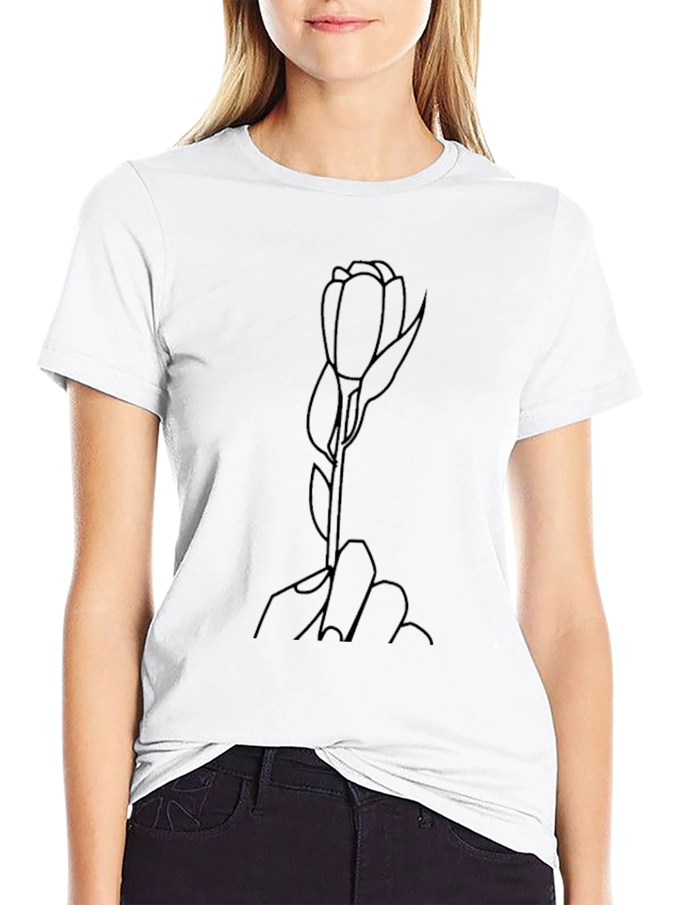 Minimalist Rose Outline Black T-Shirt