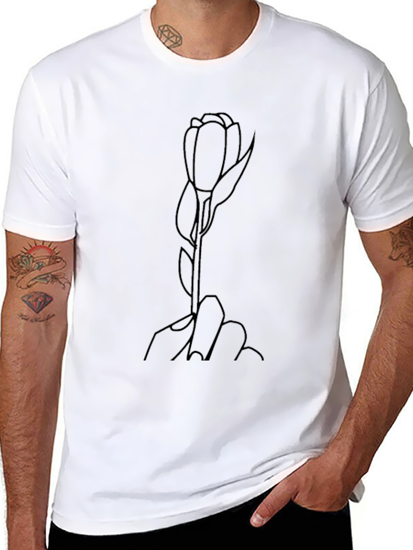 Minimalist Rose Outline Black T-Shirt