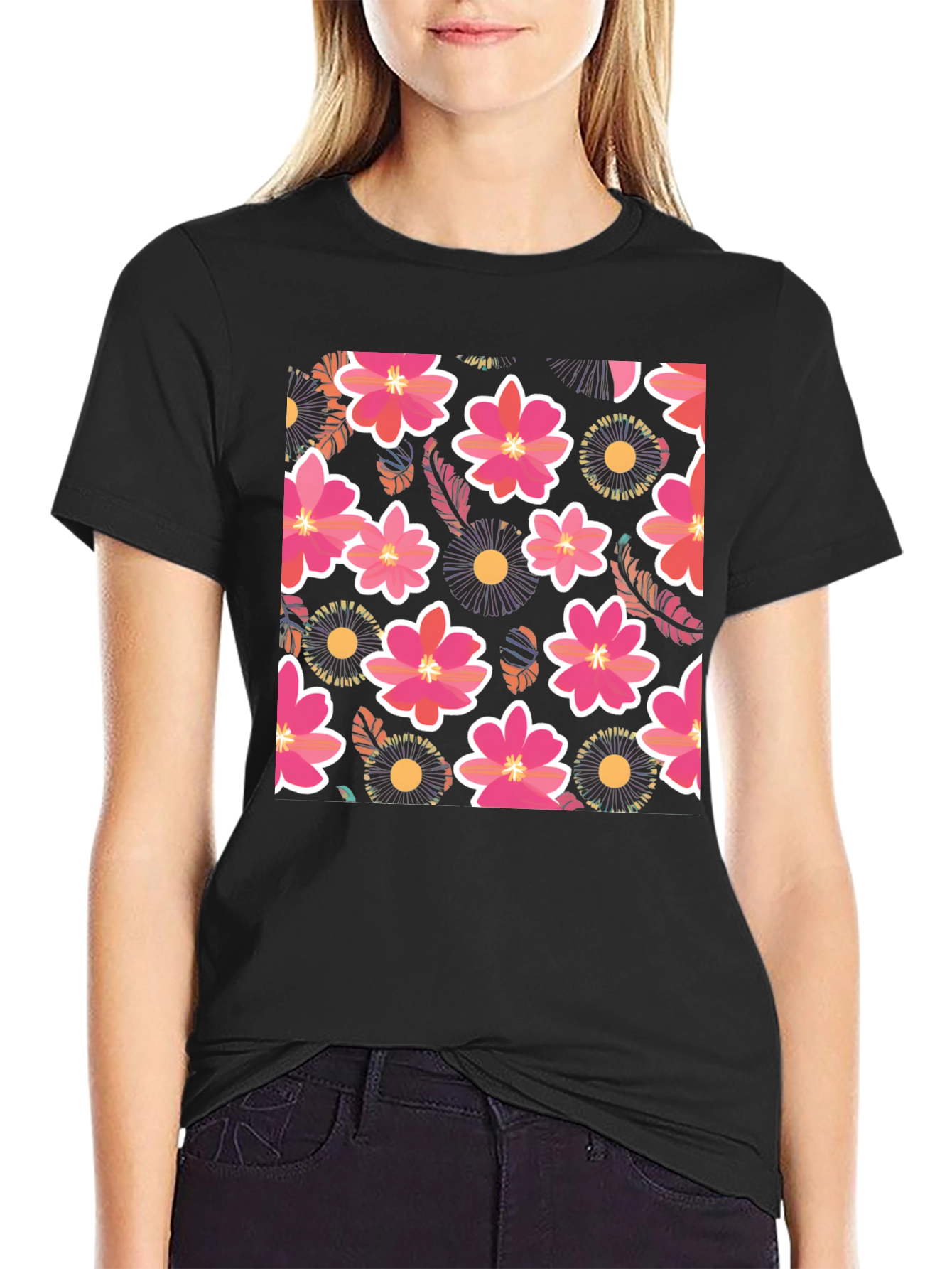 Floral Print Mens Black T-Shirt