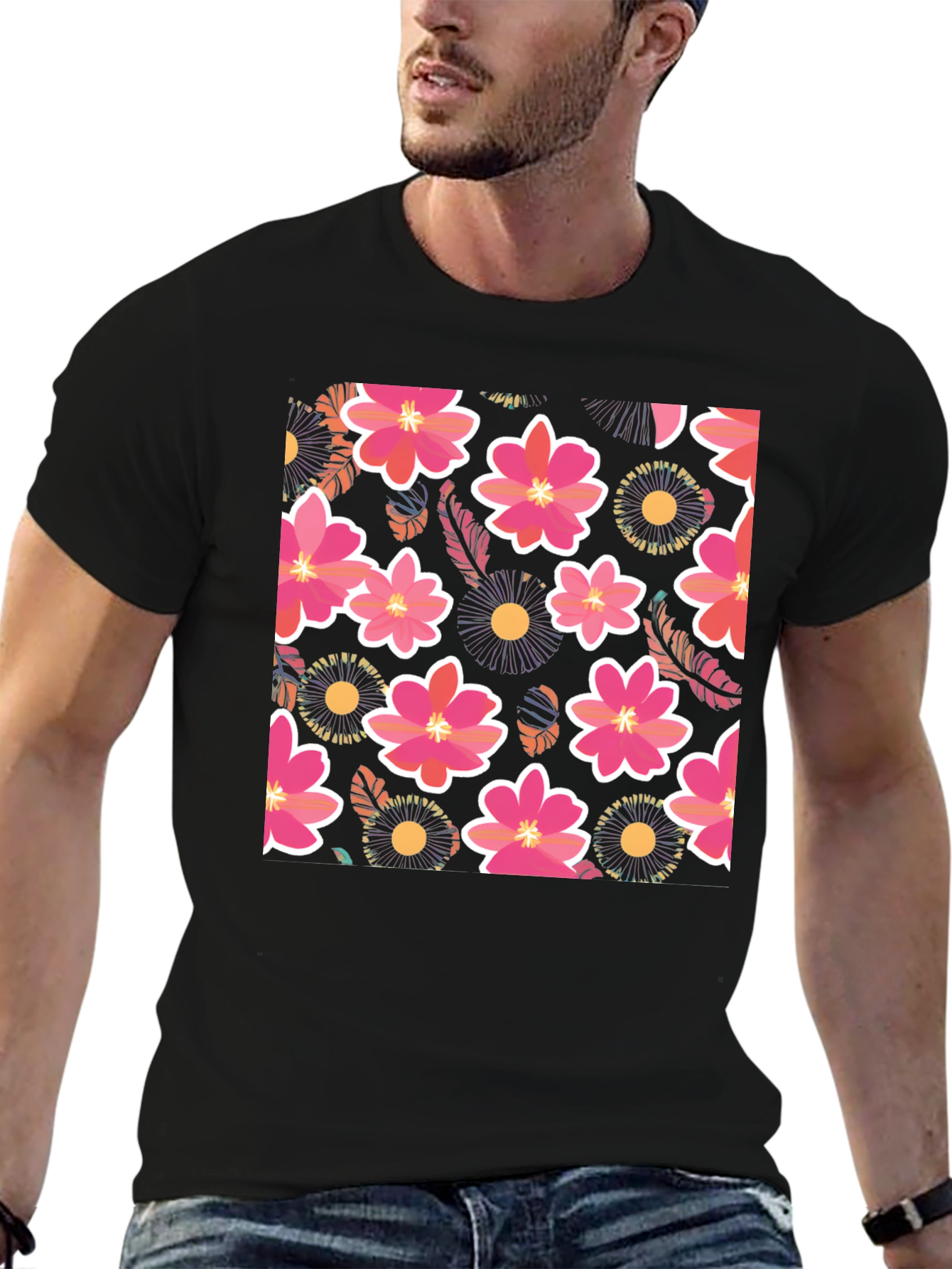 Floral Print Mens Black T-Shirt