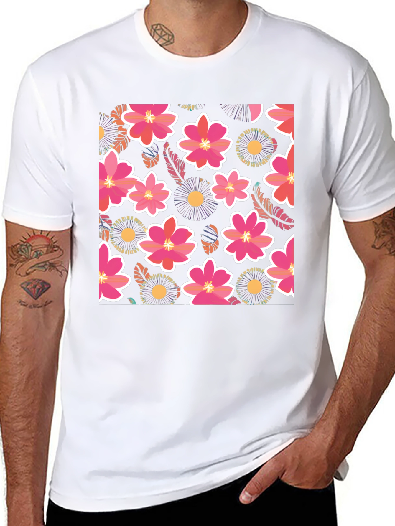 Floral Print Mens Black T-Shirt