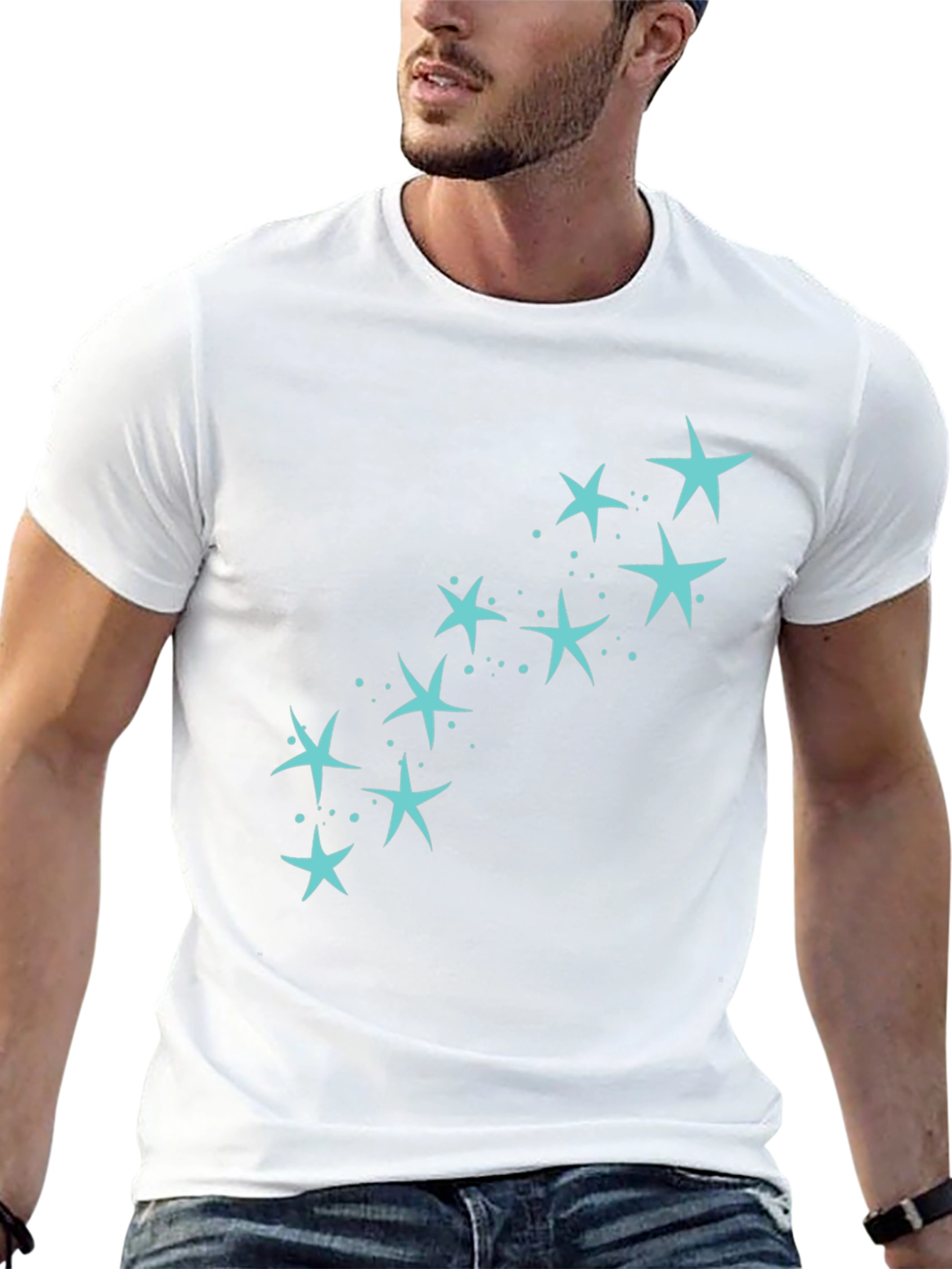 Mens Black T-Shirt with Teal Star Design