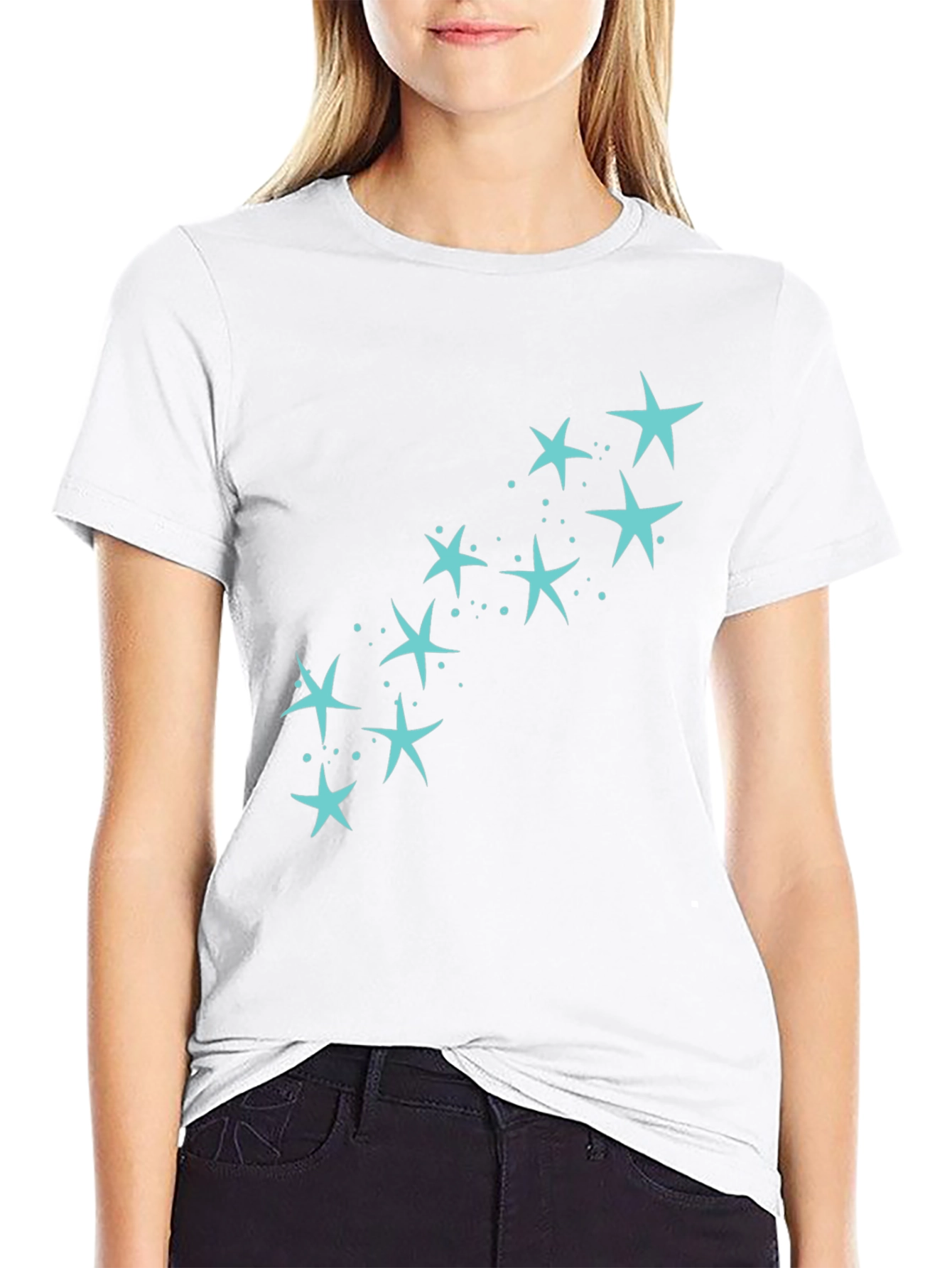 Mens Black T-Shirt with Teal Star Design