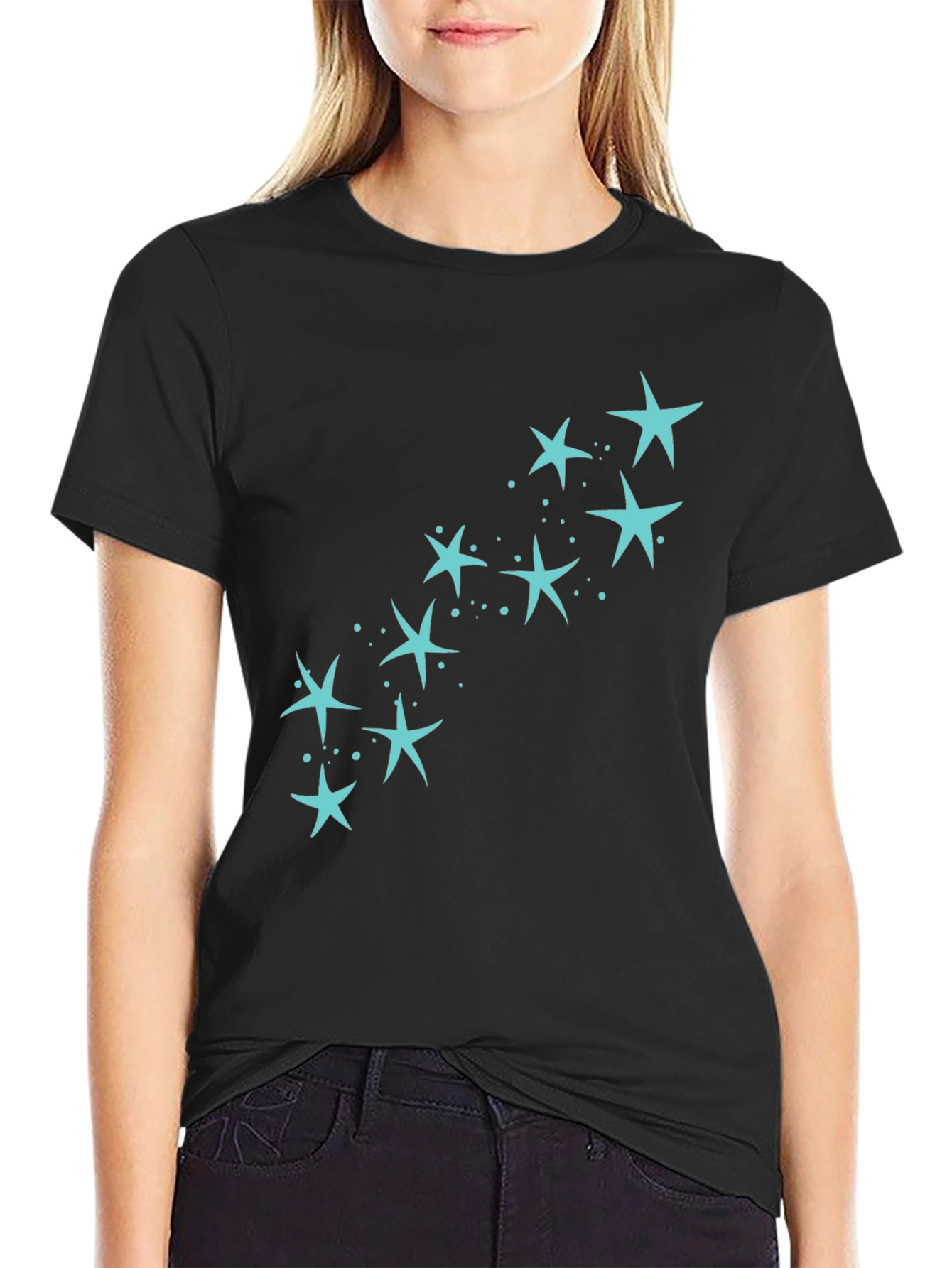 Mens Black T-Shirt with Teal Star Design
