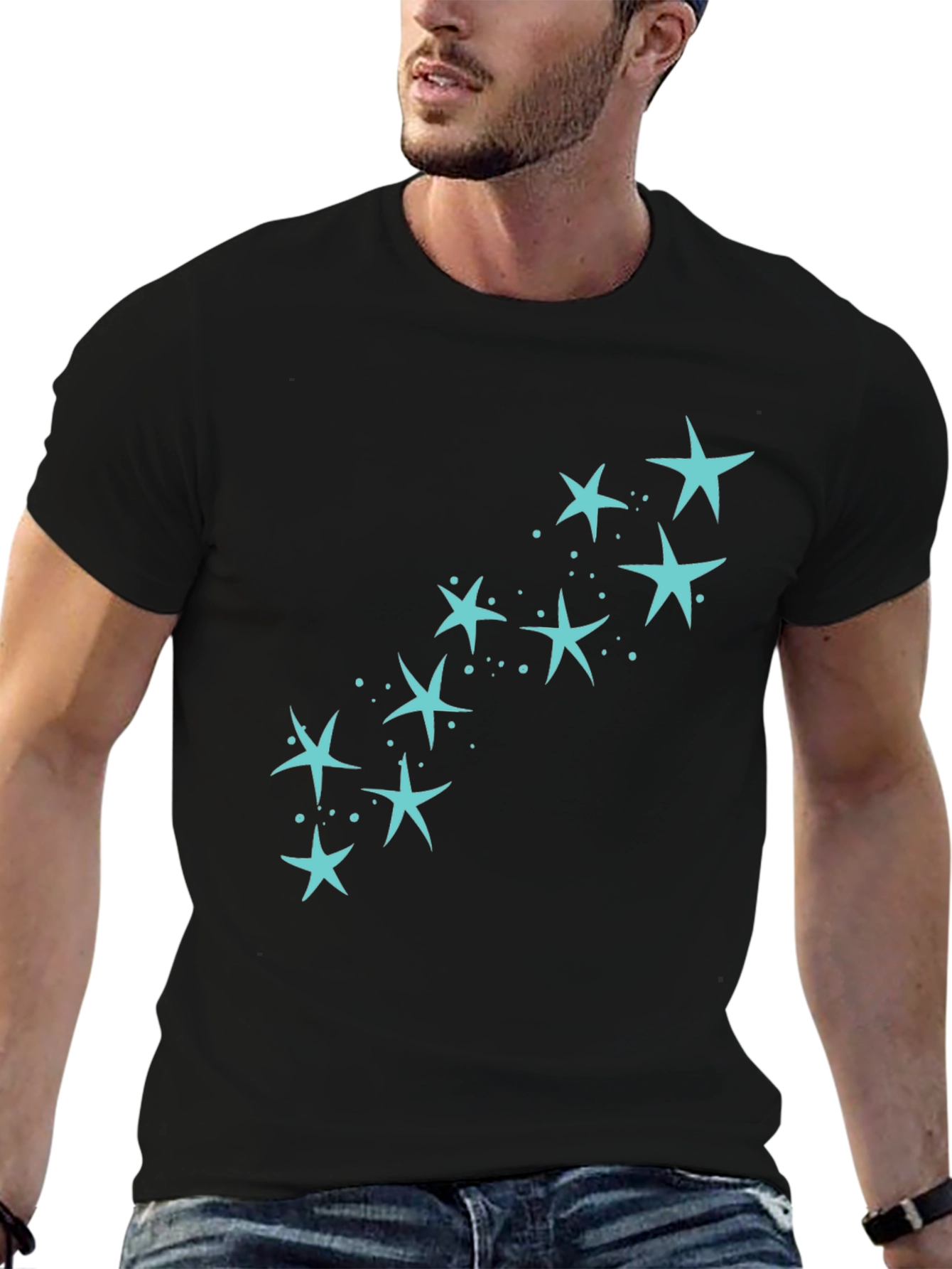 Mens Black T-Shirt with Teal Star Design