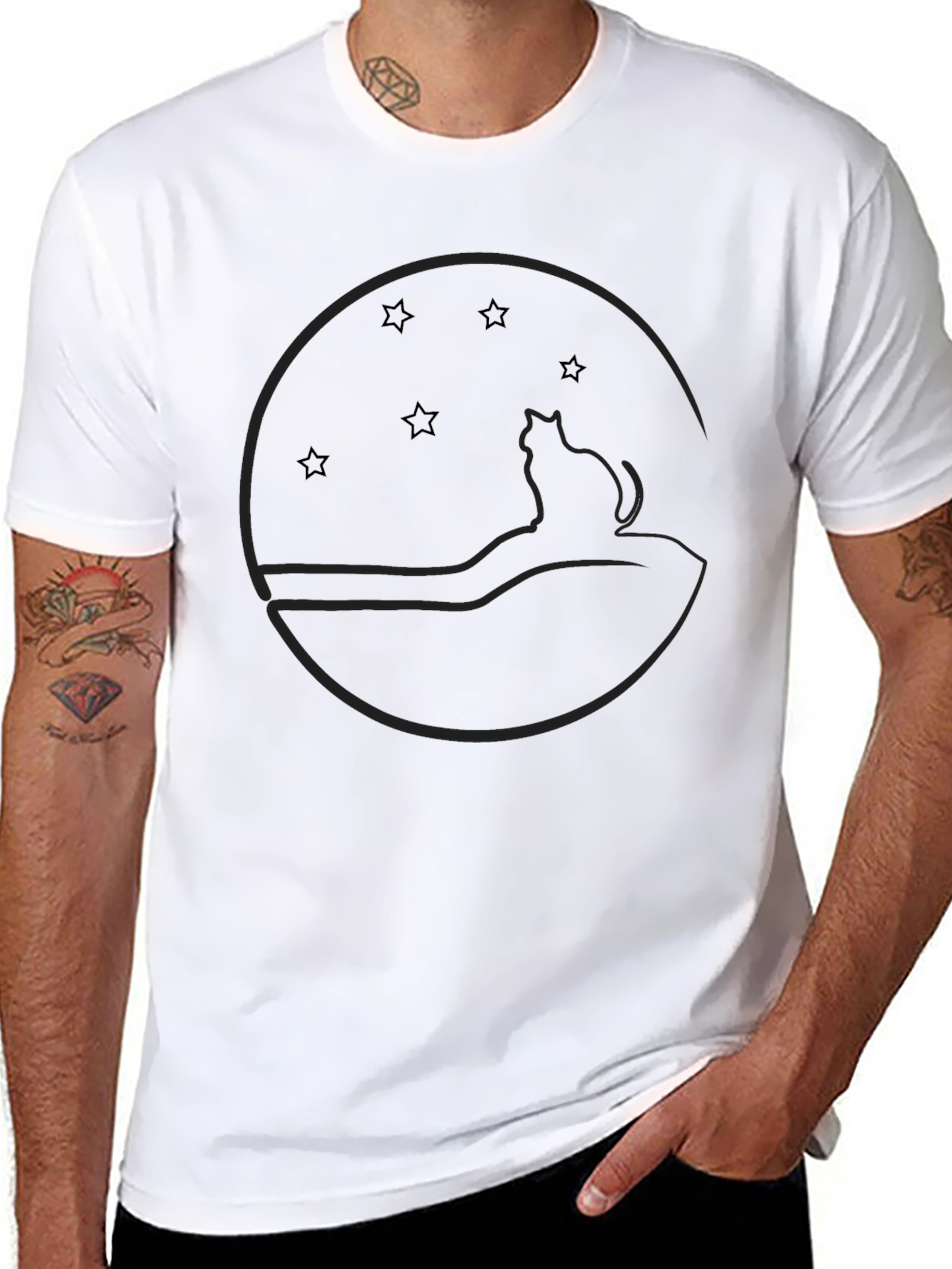 Cat & Stars Graphic Black T-Shirt - Unisex Style