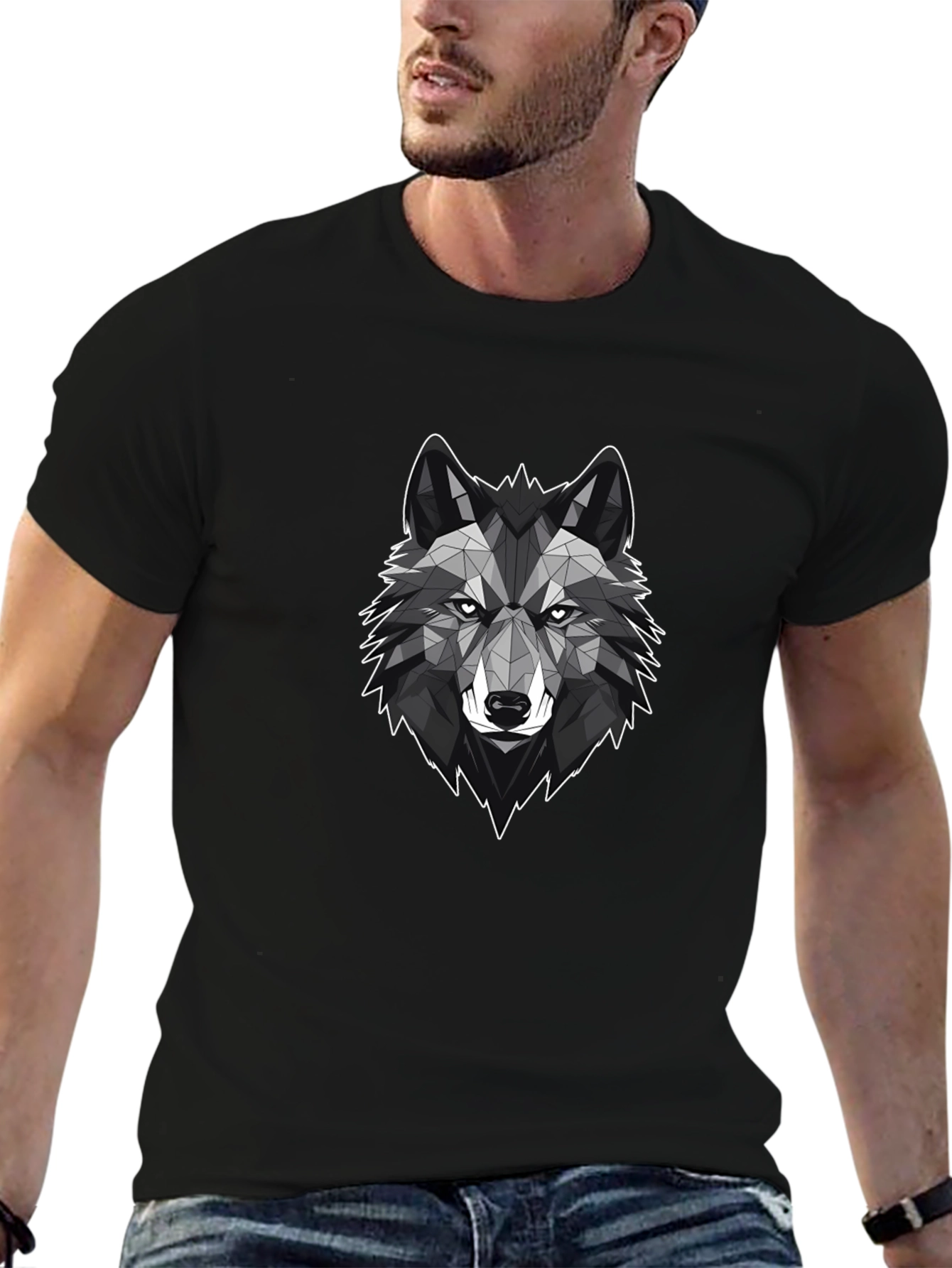 Geometric Wolf Graphic Tee - Stylish Black T-Shirt