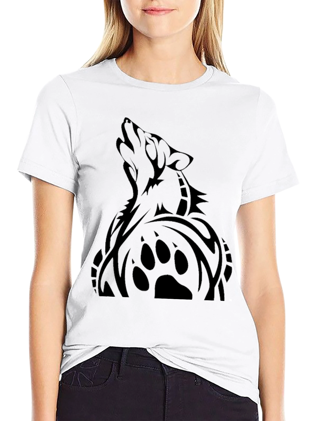 Mens Black Wolf Graphic Tee - Tribal Design