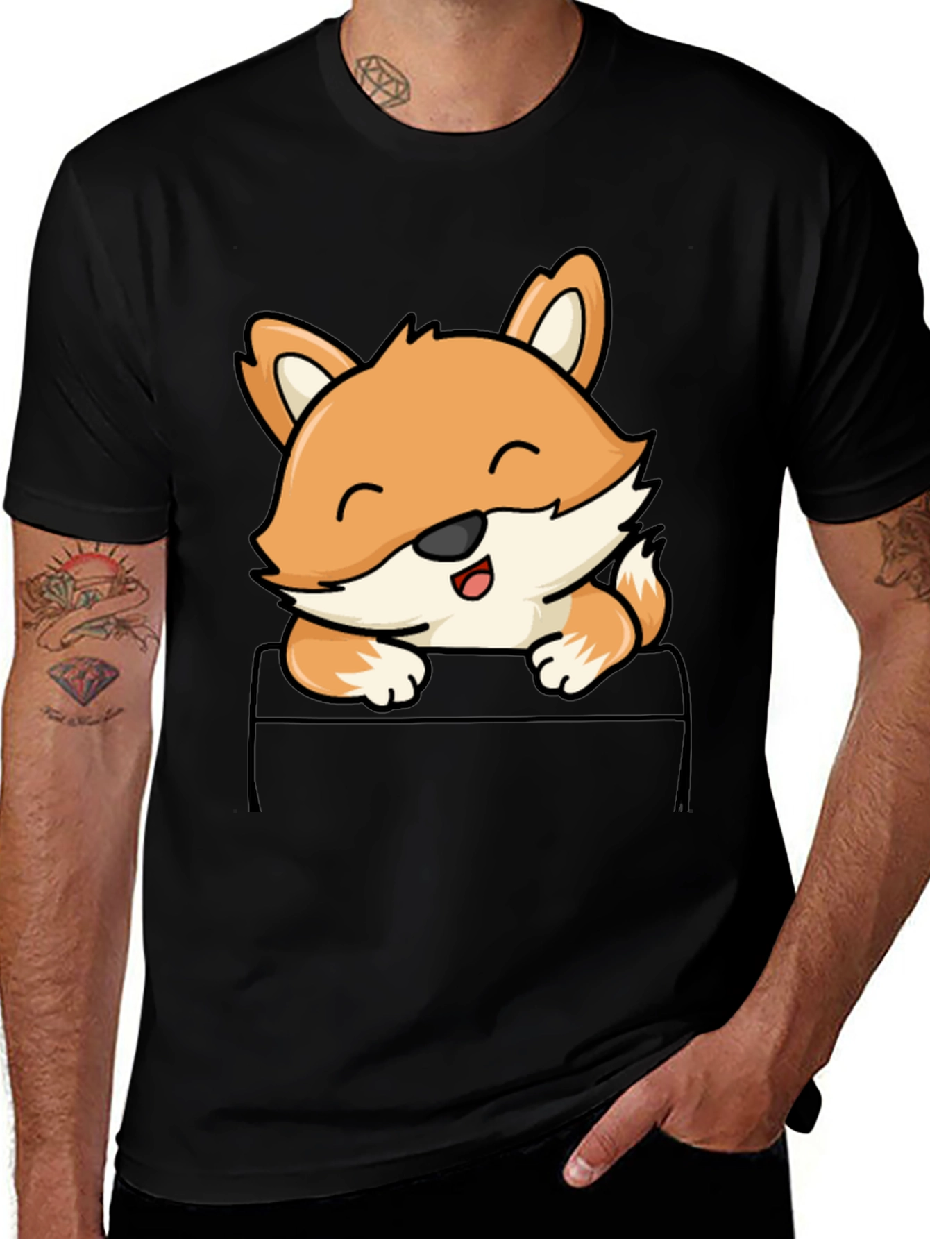 Cute Fox Pocket T-Shirt - Mens Black Tee