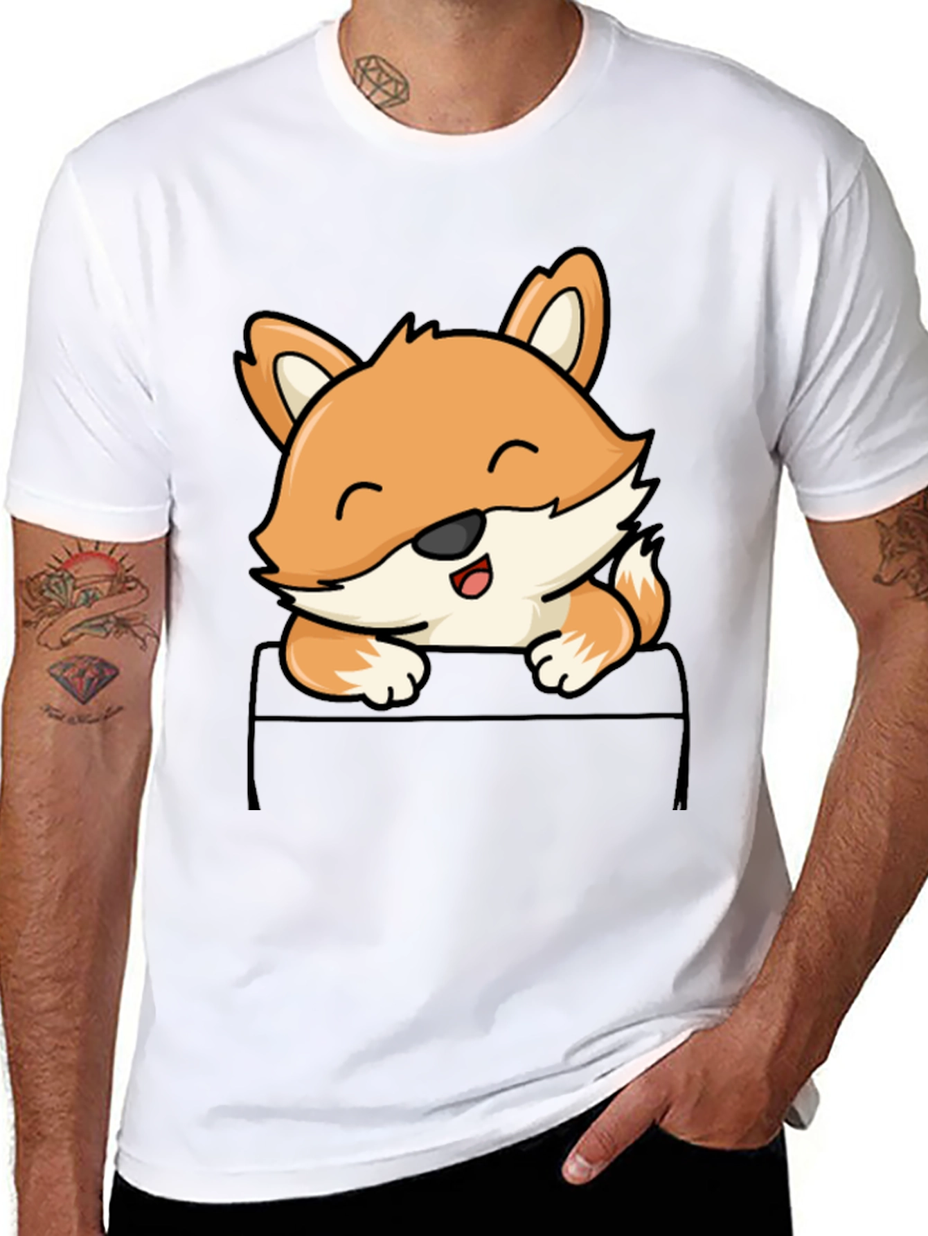 Cute Fox Pocket T-Shirt - Mens Black Tee