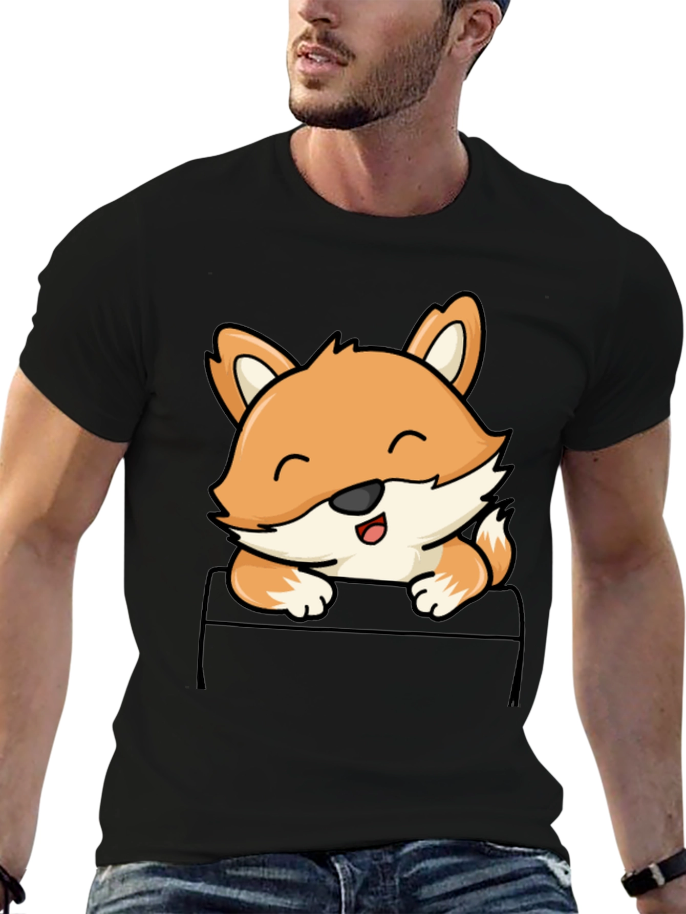 Cute Fox Pocket T-Shirt - Mens Black Tee
