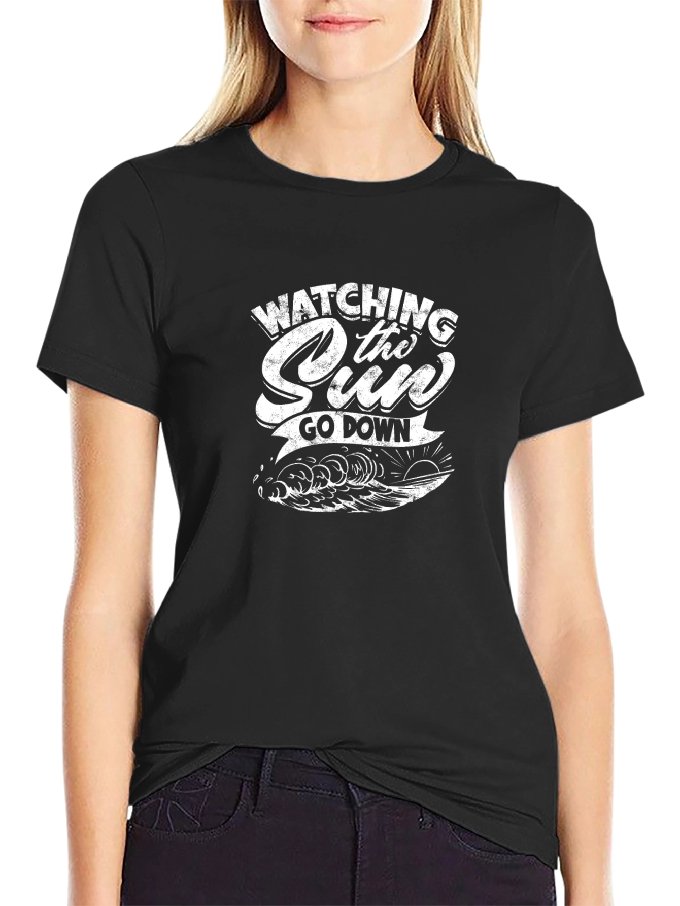 Sunset Wave Graphic Tee - Black Cotton T-Shirt