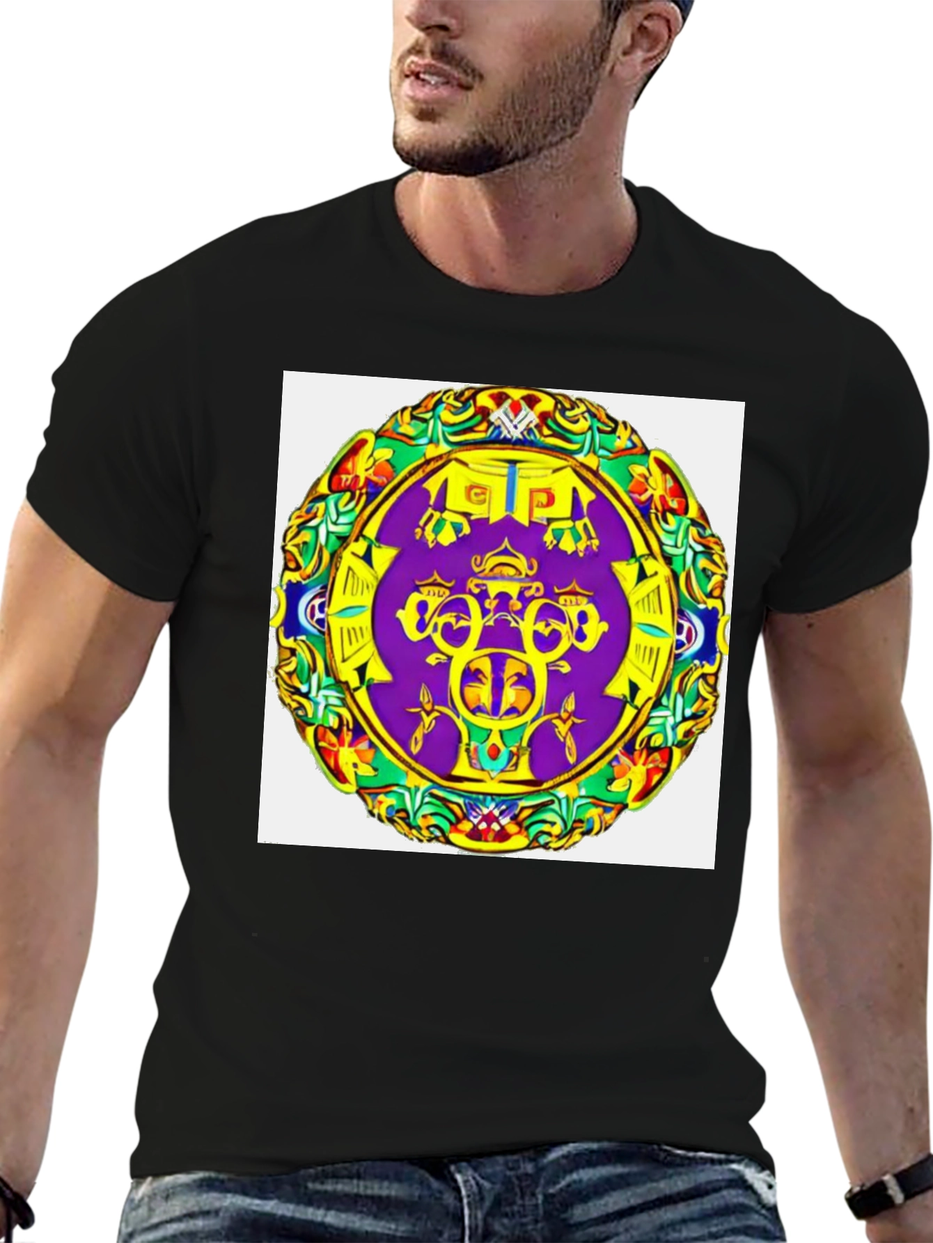 Abstract Mandala Graphic Tee - Black Cotton T-Shirt