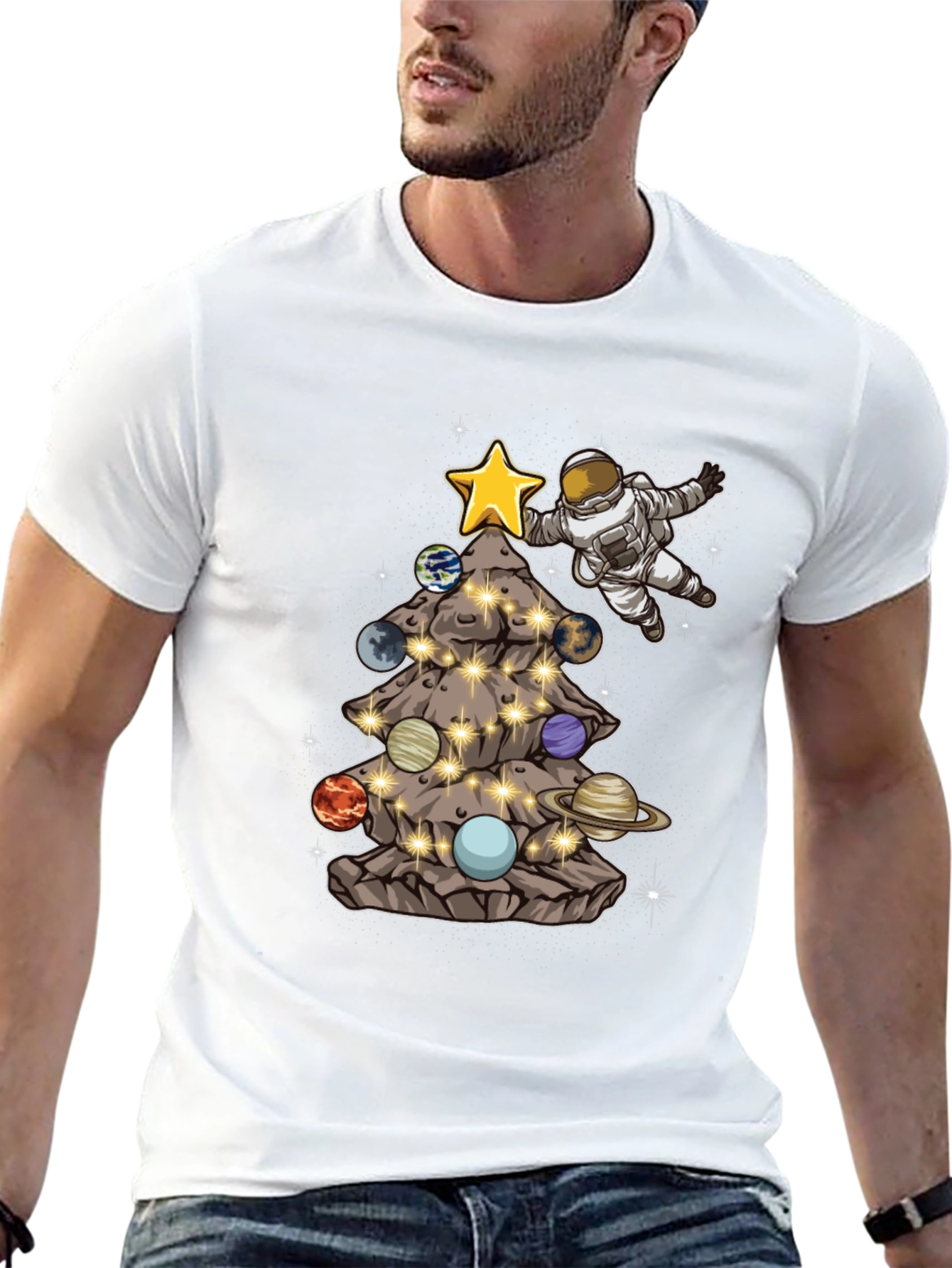 Astronaut Christmas Tree Planets T-Shirt