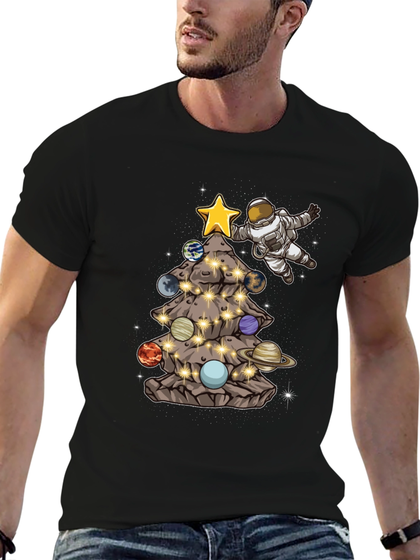 Astronaut Christmas Tree Planets T-Shirt