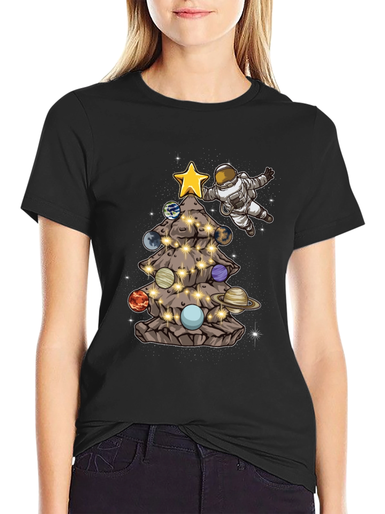 Astronaut Christmas Tree Planets T-Shirt