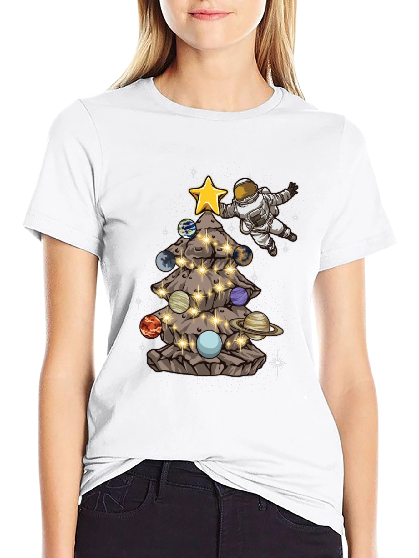 Astronaut Christmas Tree Planets T-Shirt