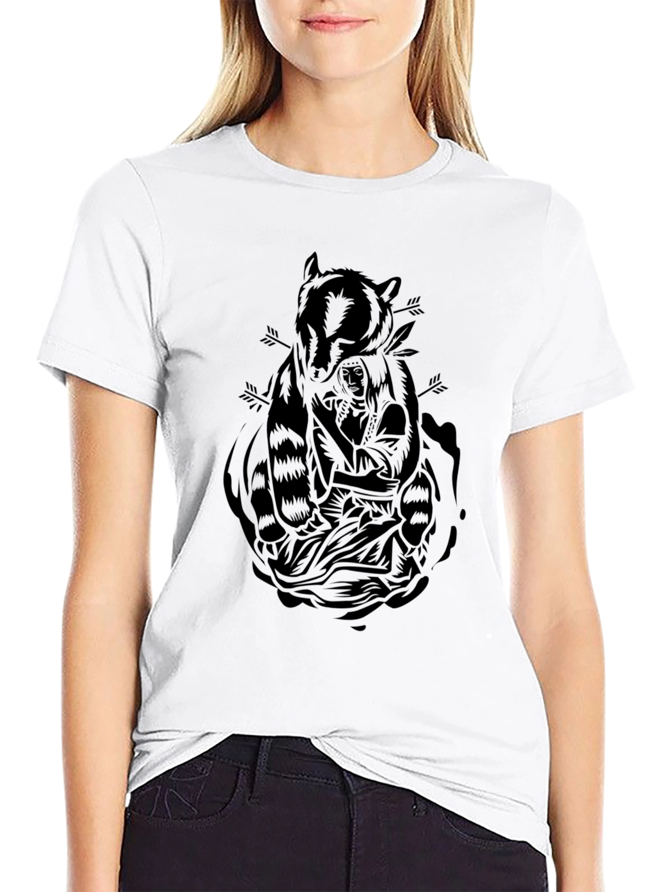 Black Graphic Tee - Raccoon & Native American Design
