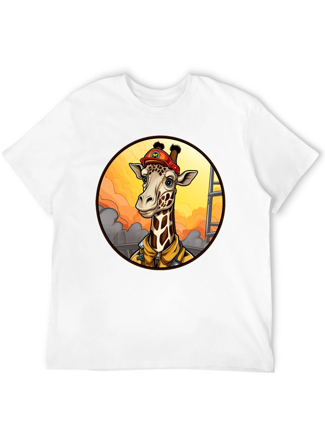Giraffe Firefighter T-Shirt - Unique Cartoon Design