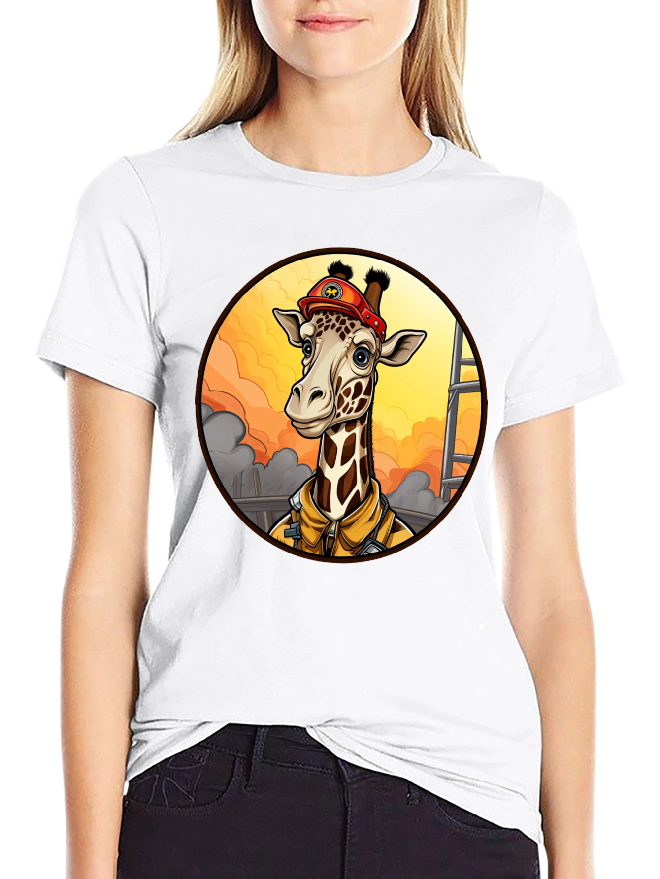 Giraffe Firefighter T-Shirt - Unique Cartoon Design